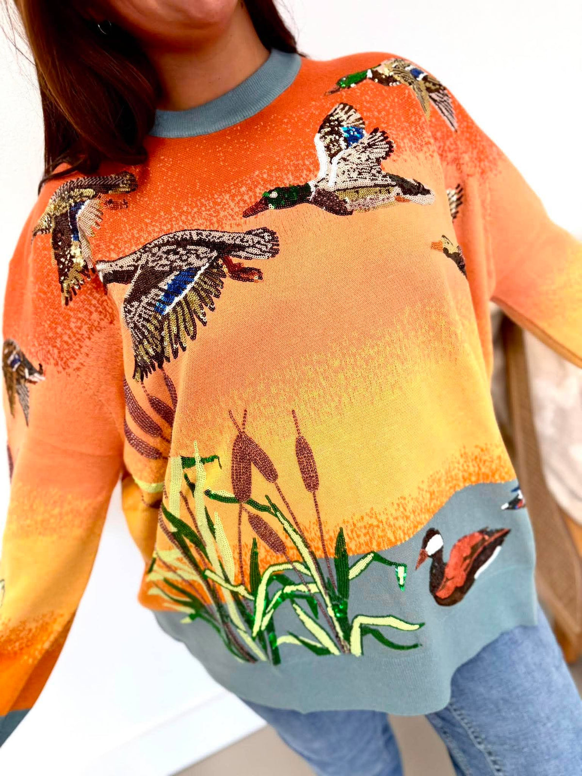 Queen Of Sparkles Ducks Flying Sunrise Sweater