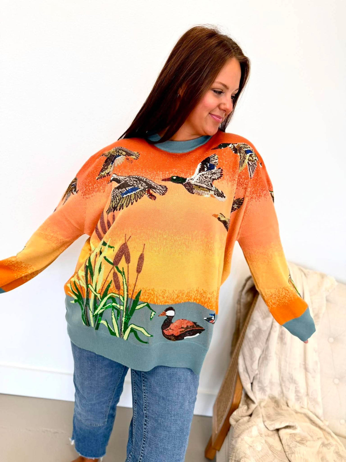 Queen Of Sparkles Ducks Flying Sunrise Sweater