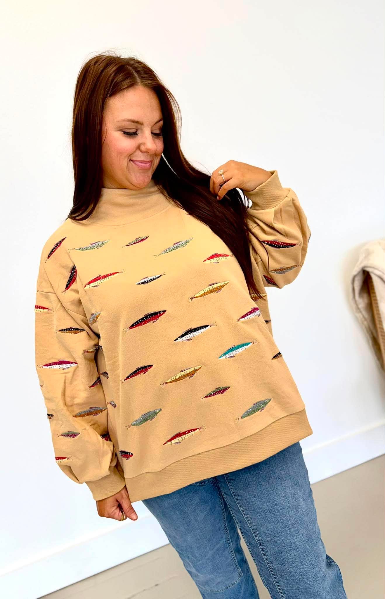 Queen Of Sparkles Tan Multi Fish Mock Neck Sweatshirt