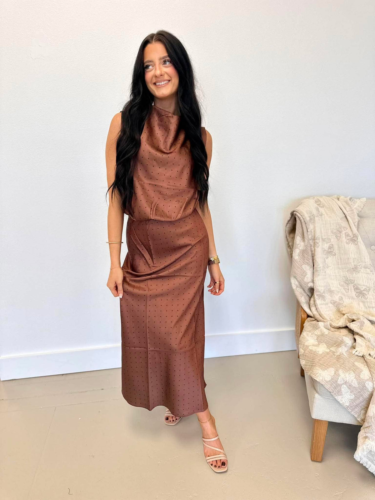 Polka Dot Satin Midi Skirt Set