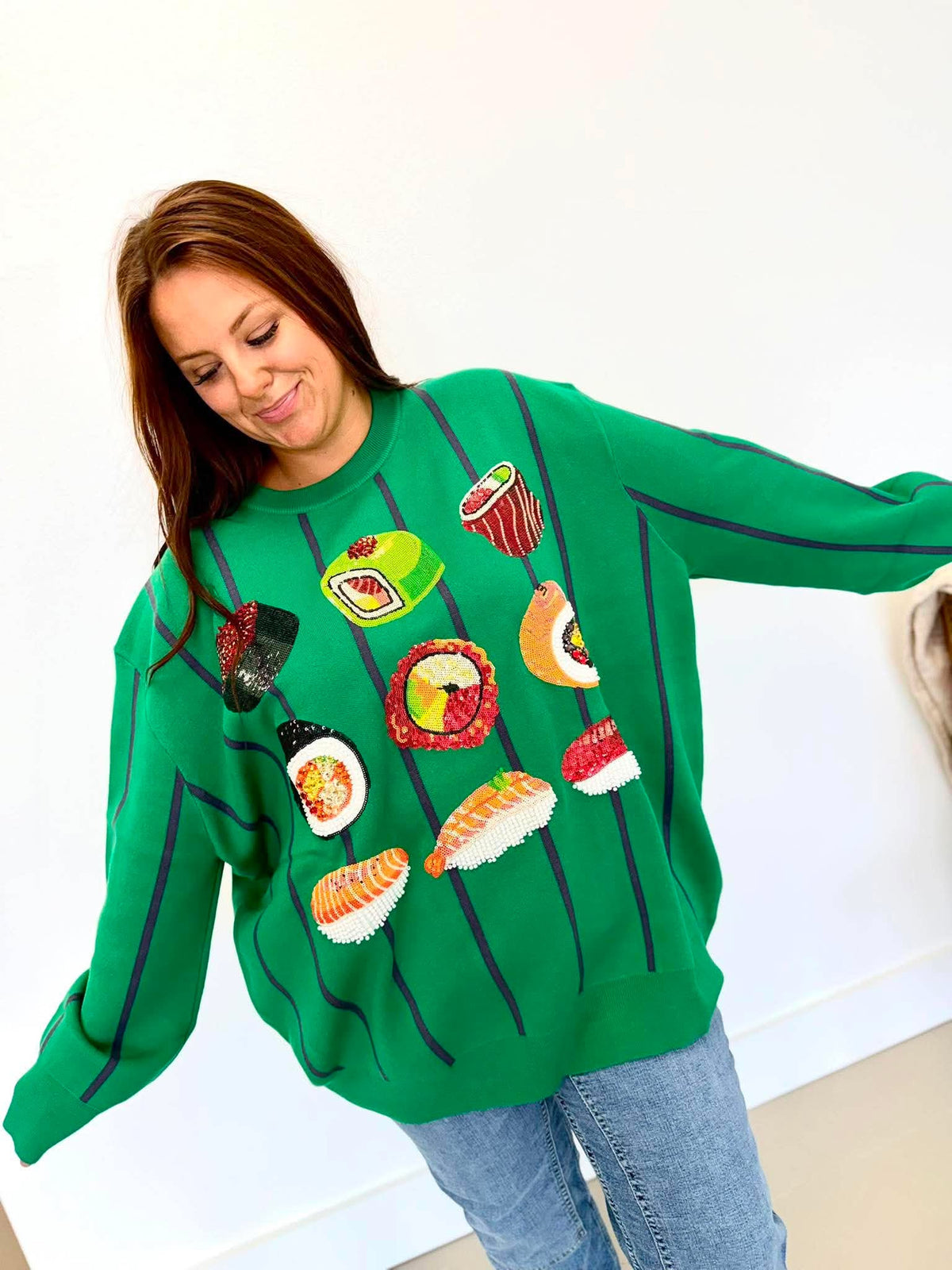Queen Of Sparkles Green Striped Sushi Sweater