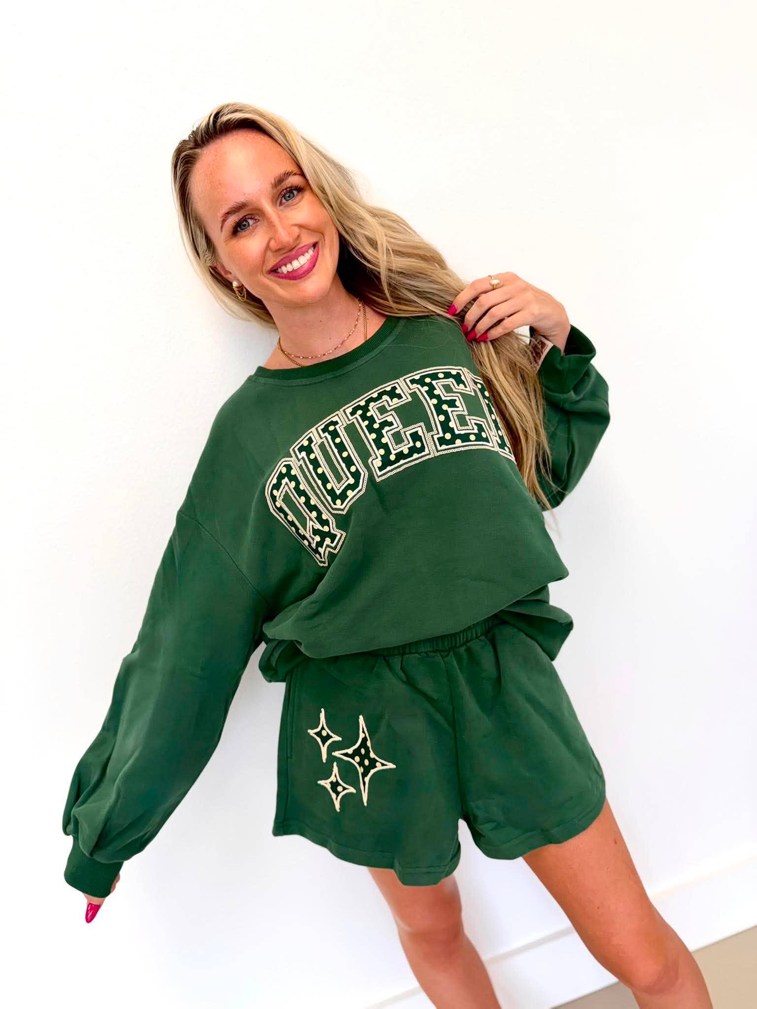 Queen Of Sparkles Dark Green Polka Dot 'Queen' Sweatshirt