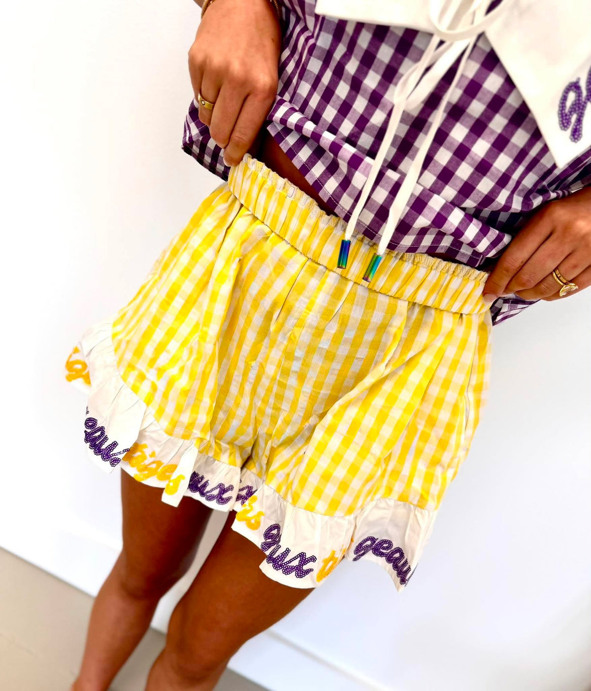 Queen Of Sparkles Licensed LSU Gingham Ruffle Shorts