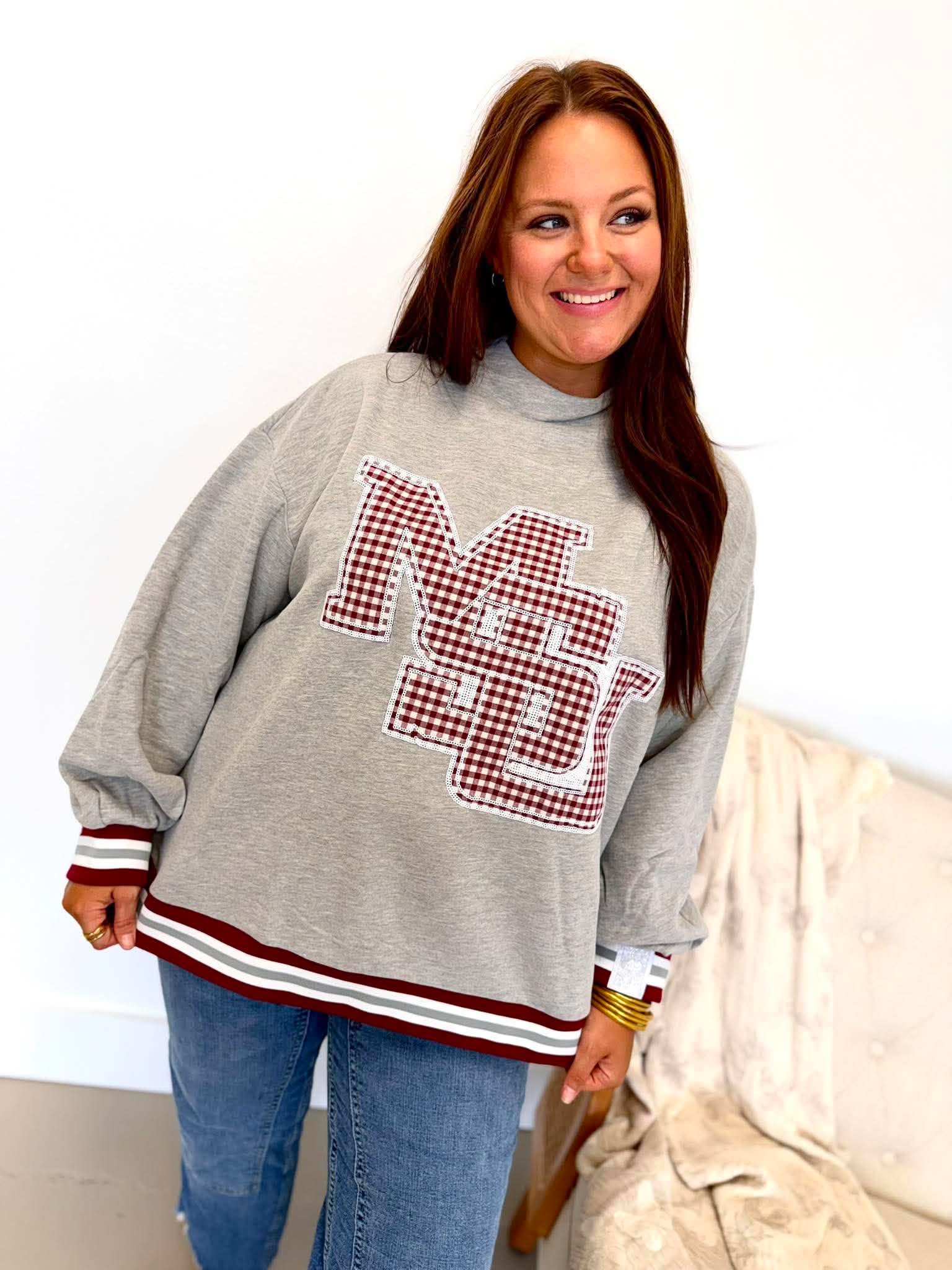 Queen Of Sparkles Licensed Miss State Grey Gingham Mascot Mock Neck Sweatshirt