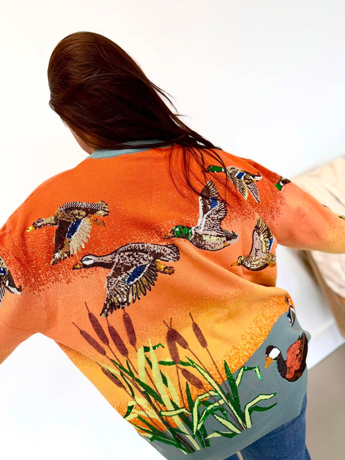 Queen Of Sparkles Ducks Flying Sunrise Sweater