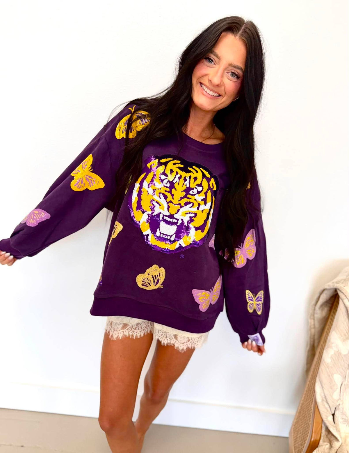 Queen Of Sparkles Licensed LSU Mascot Butterfly Sweatshirt