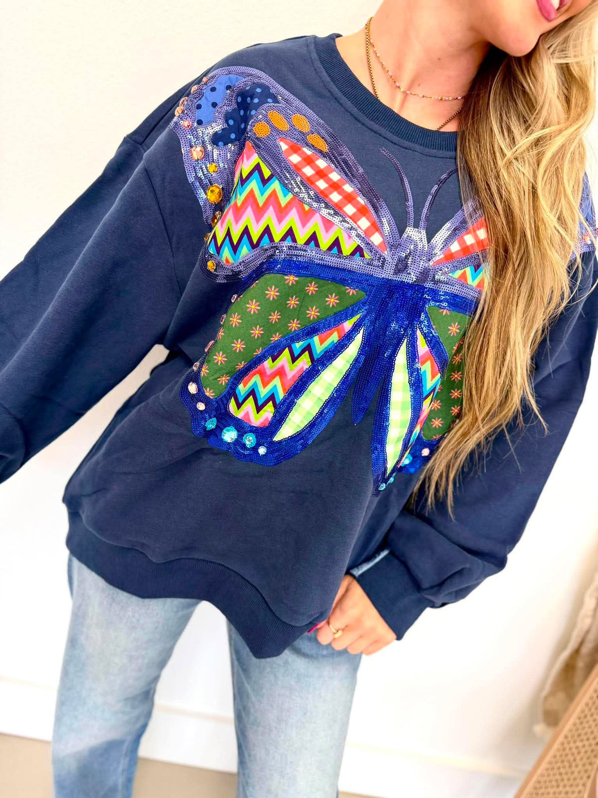 Queen Of Sparkles Navy Patchwork Butterfly Sweatshirt
