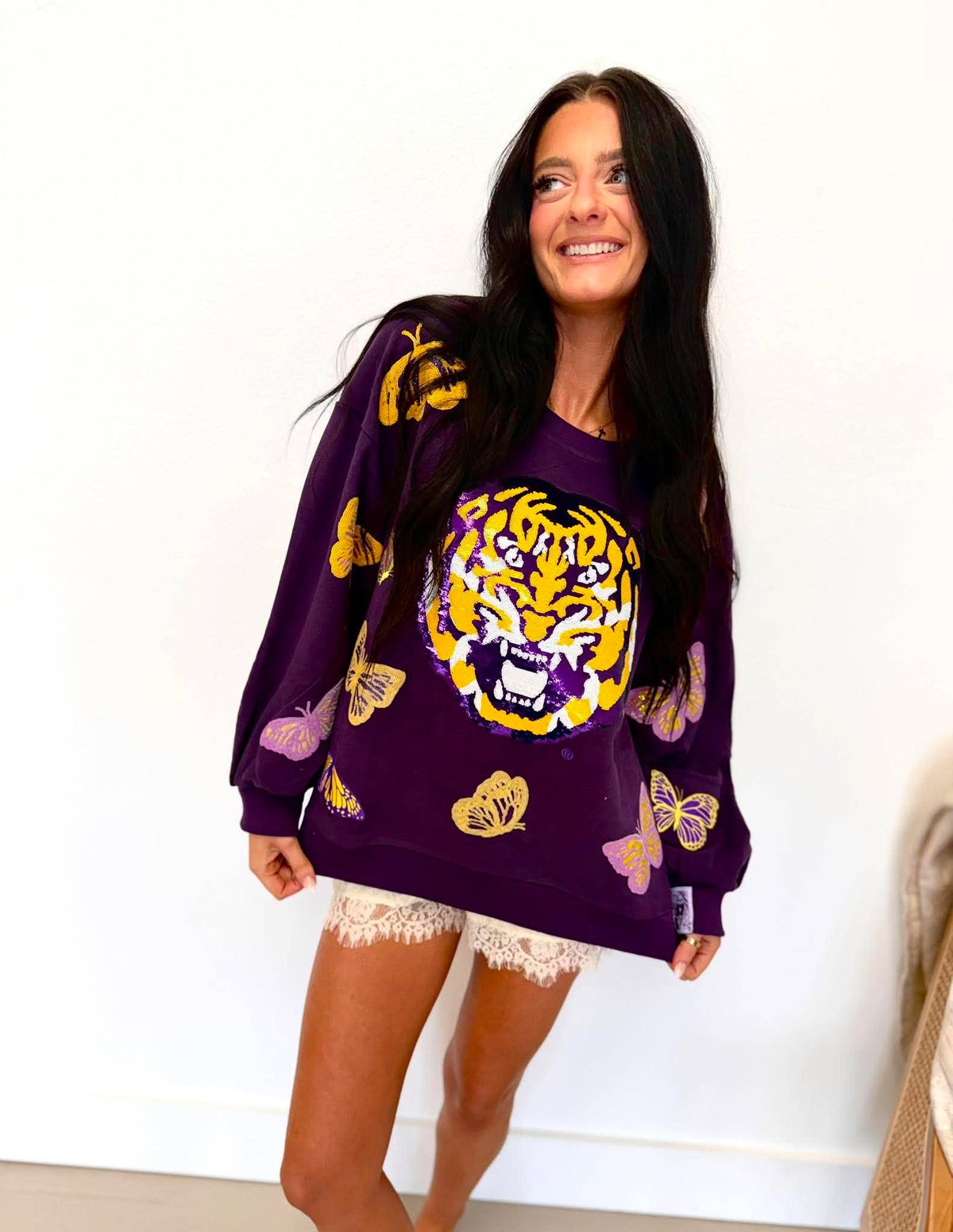 Queen Of Sparkles Licensed LSU Mascot Butterfly Sweatshirt