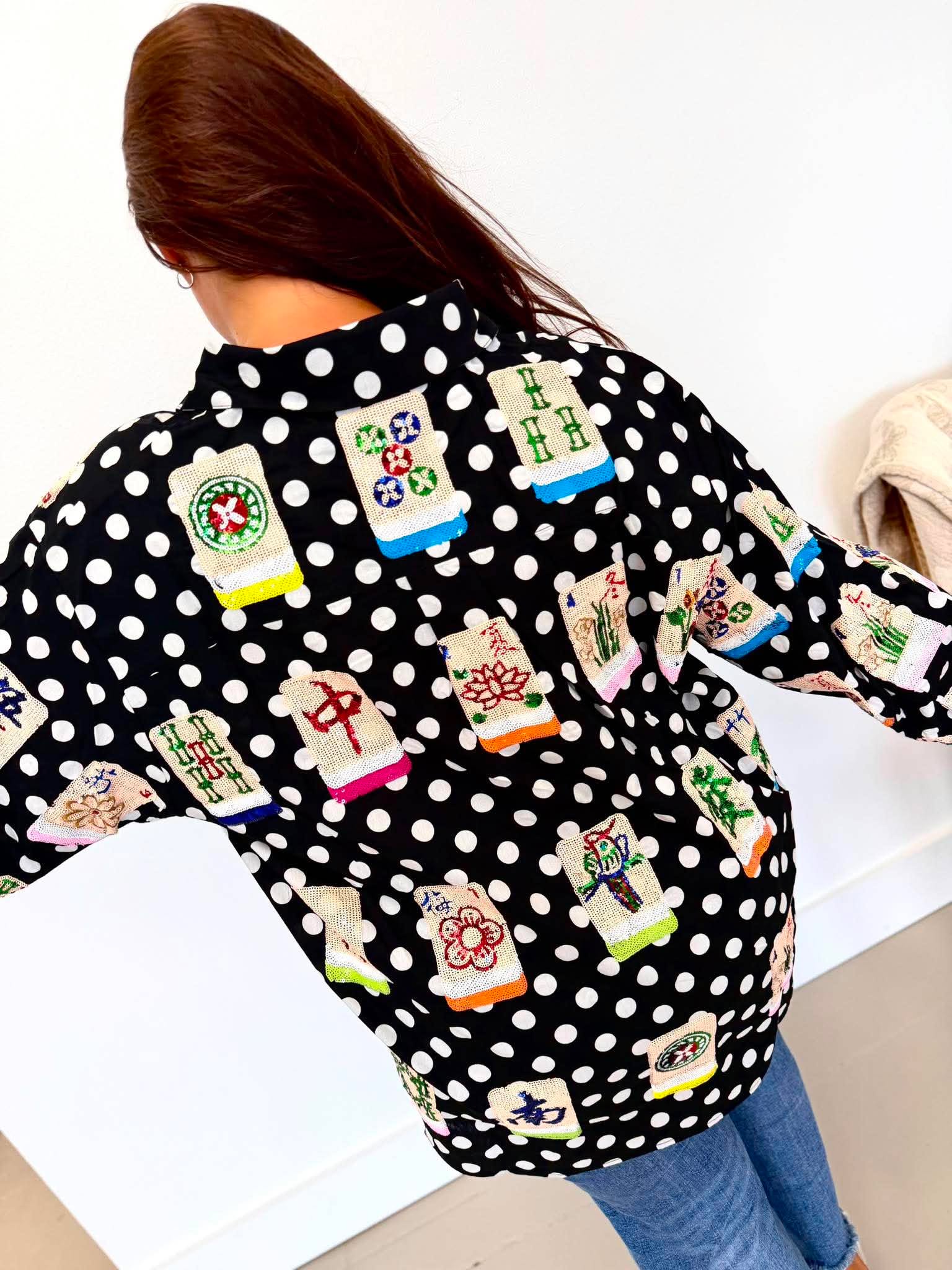 Queen Of Sparkles Black & White Polka Dot Scattered Mahjong Button Up Top