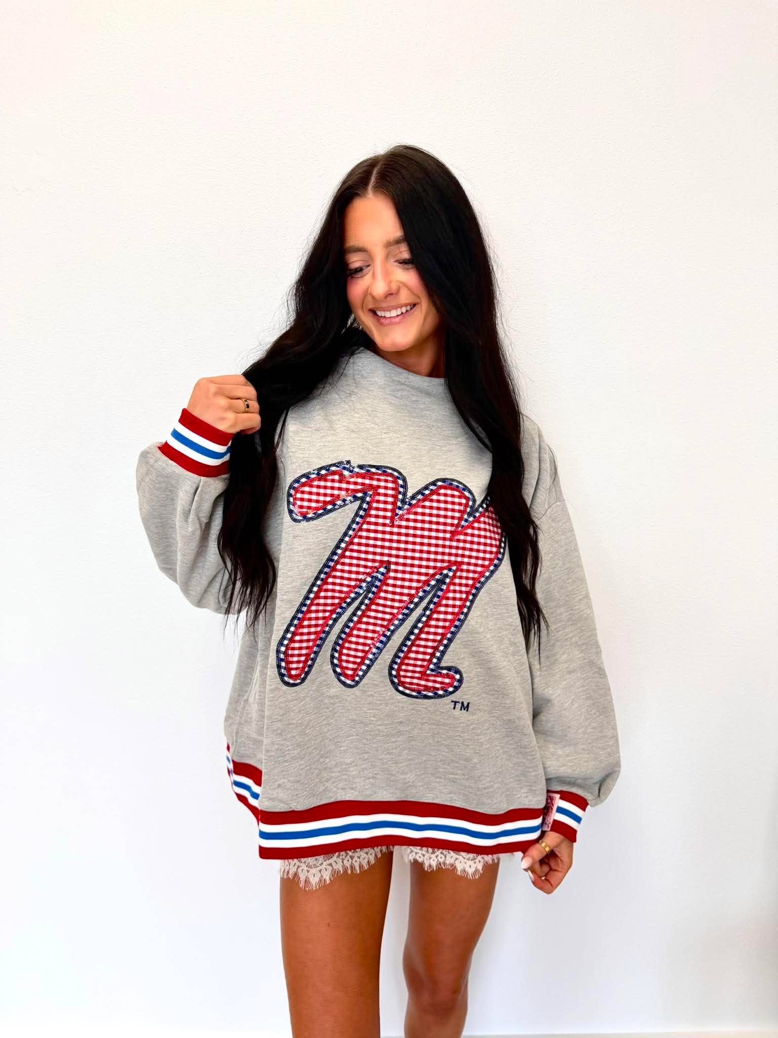 Queen Of Sparkles Licensed Ole Miss Grey Gingham Mascot Mock Neck Sweatshirt