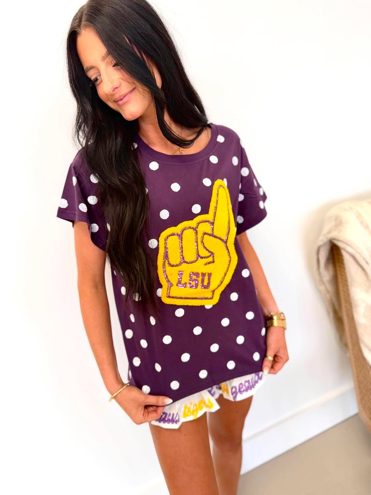 Queen Of Sparkles Licensed LSU Polka Dot Foam Finger Tee