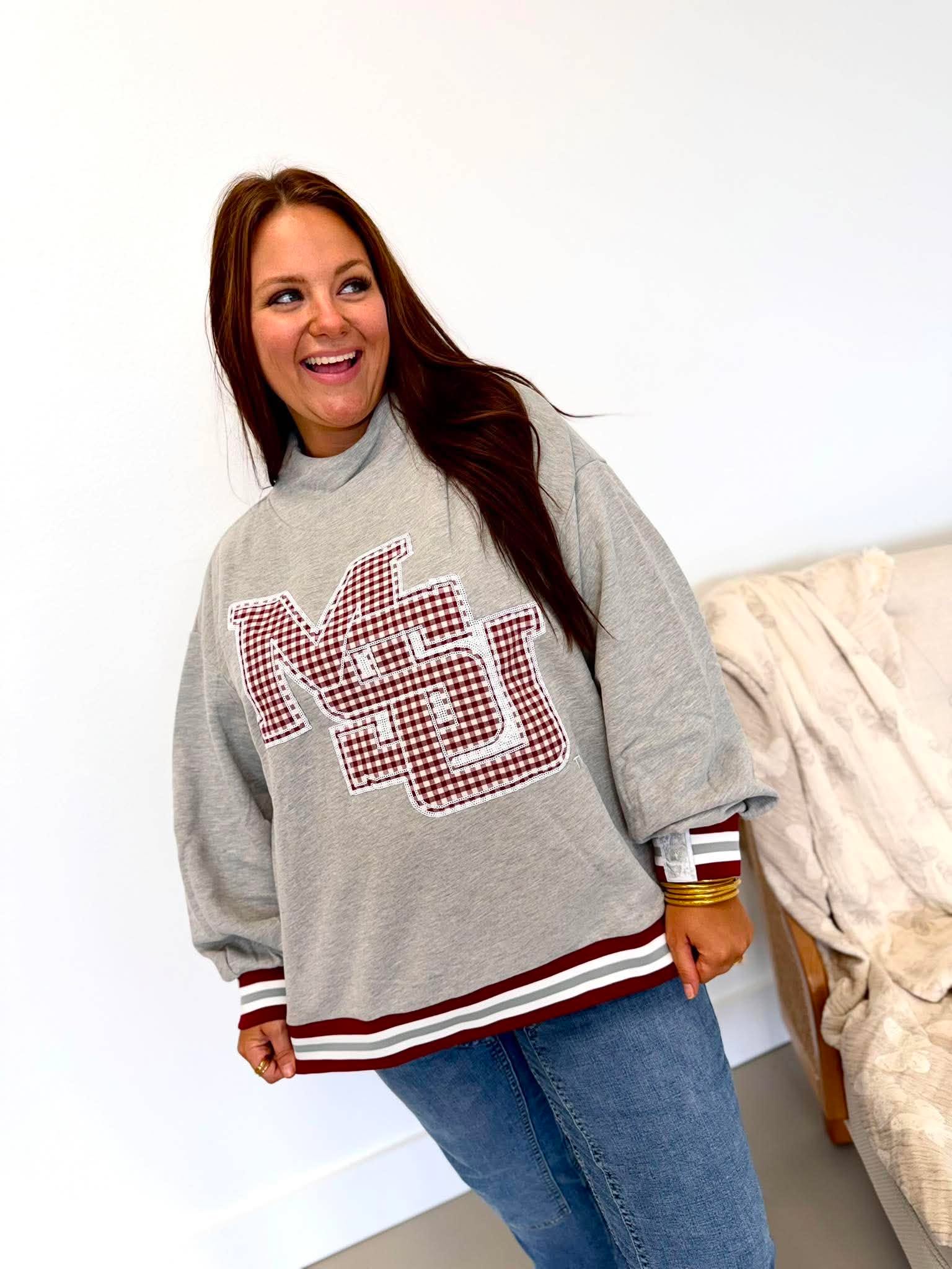 Queen Of Sparkles Licensed Miss State Grey Gingham Mascot Mock Neck Sweatshirt