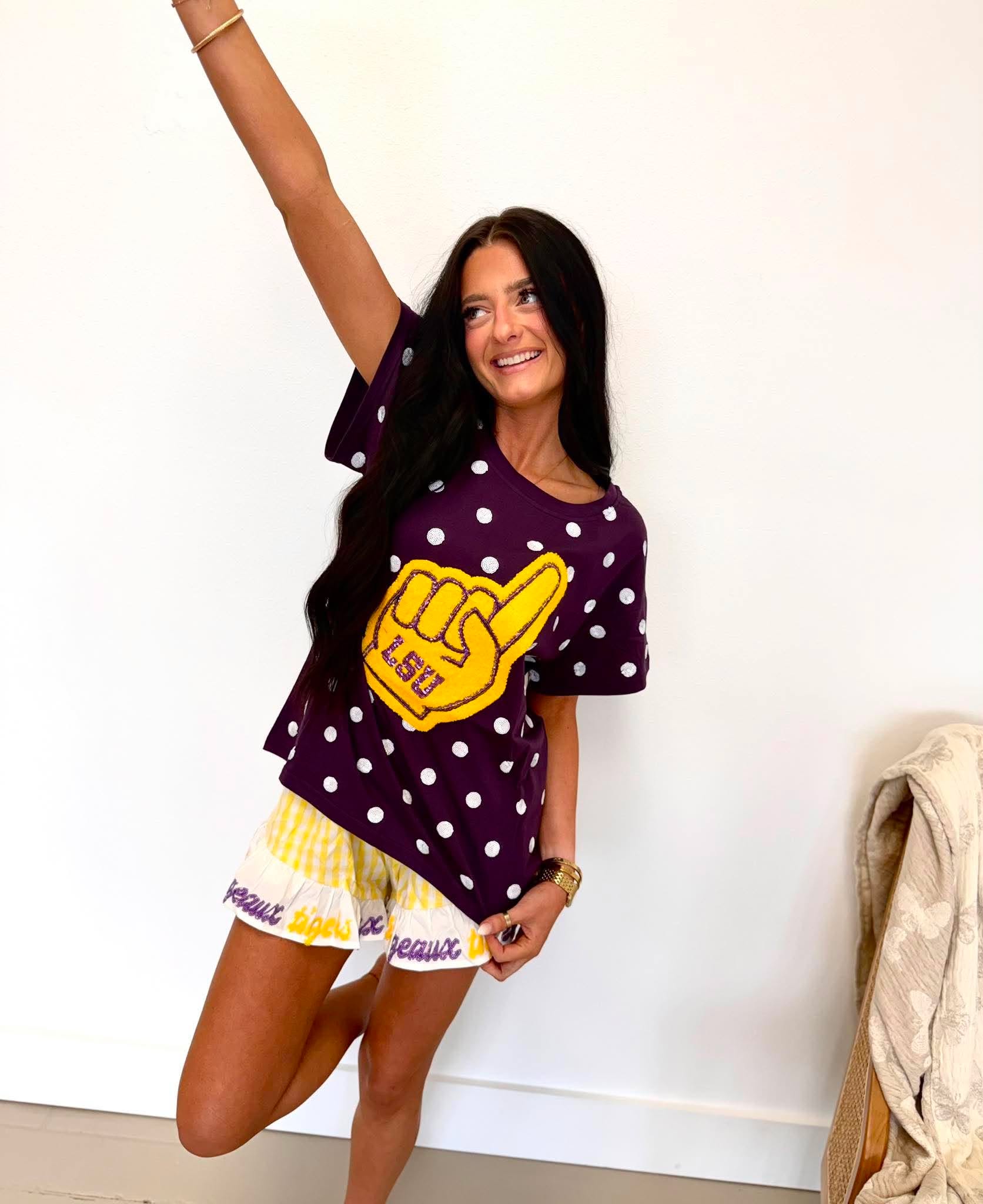 Queen Of Sparkles Licensed LSU Polka Dot Foam Finger Tee