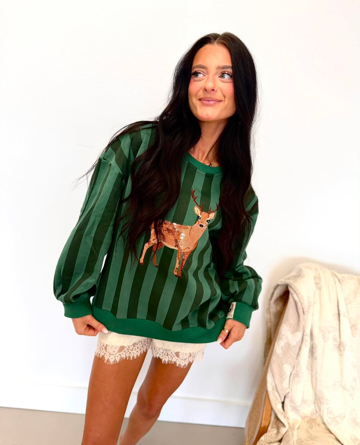 Queen Of Sparkles Green Striped Deer Sweatshirt