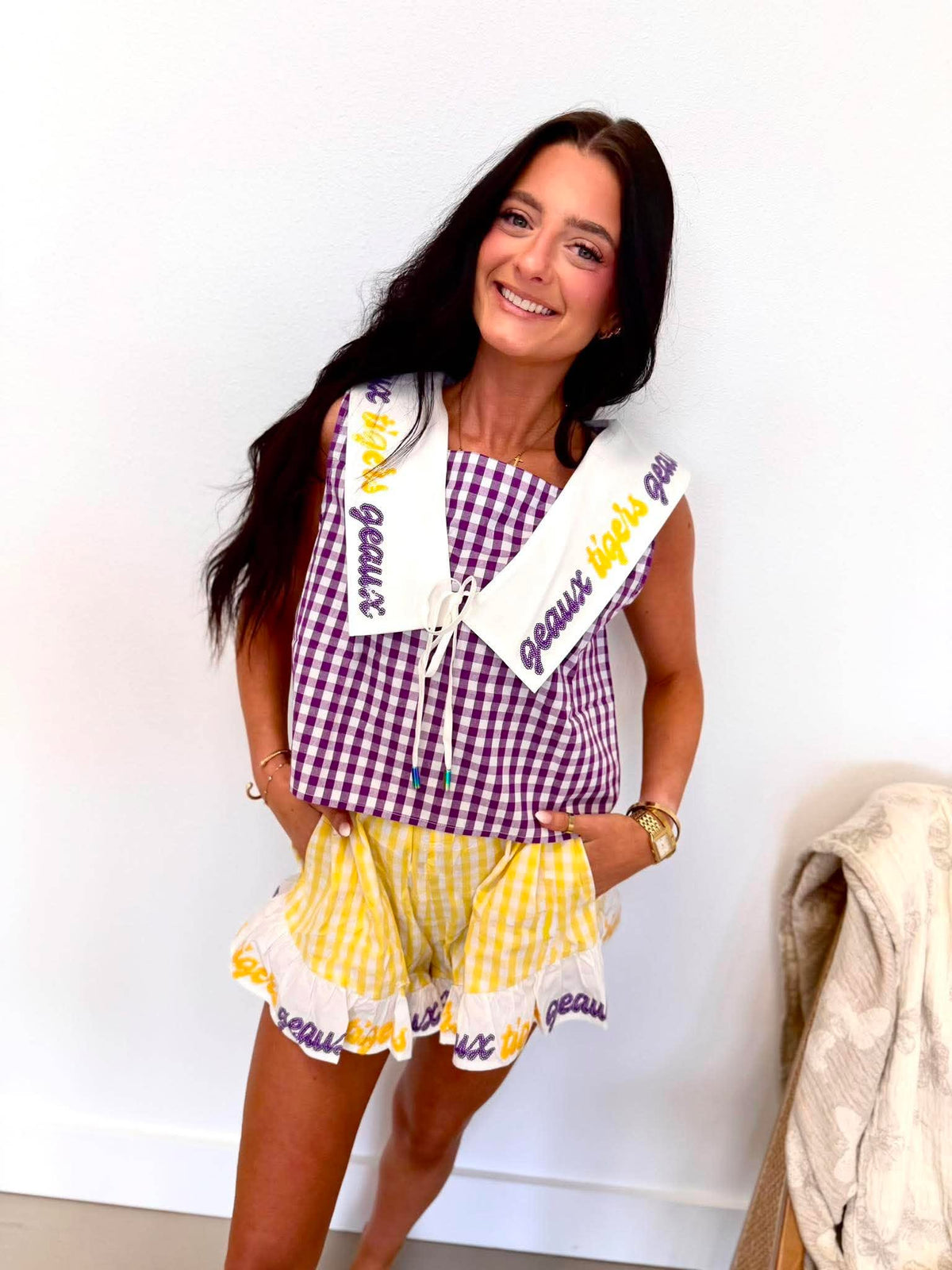 Queen Of Sparkles Licensed LSU Gingham Tie Script Collar Tank