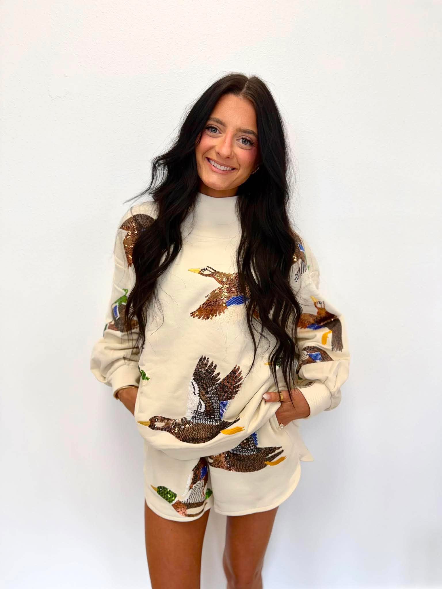 Queen Of Sparkles Ivory Flying Ducks Mock Neck Sweatshirt