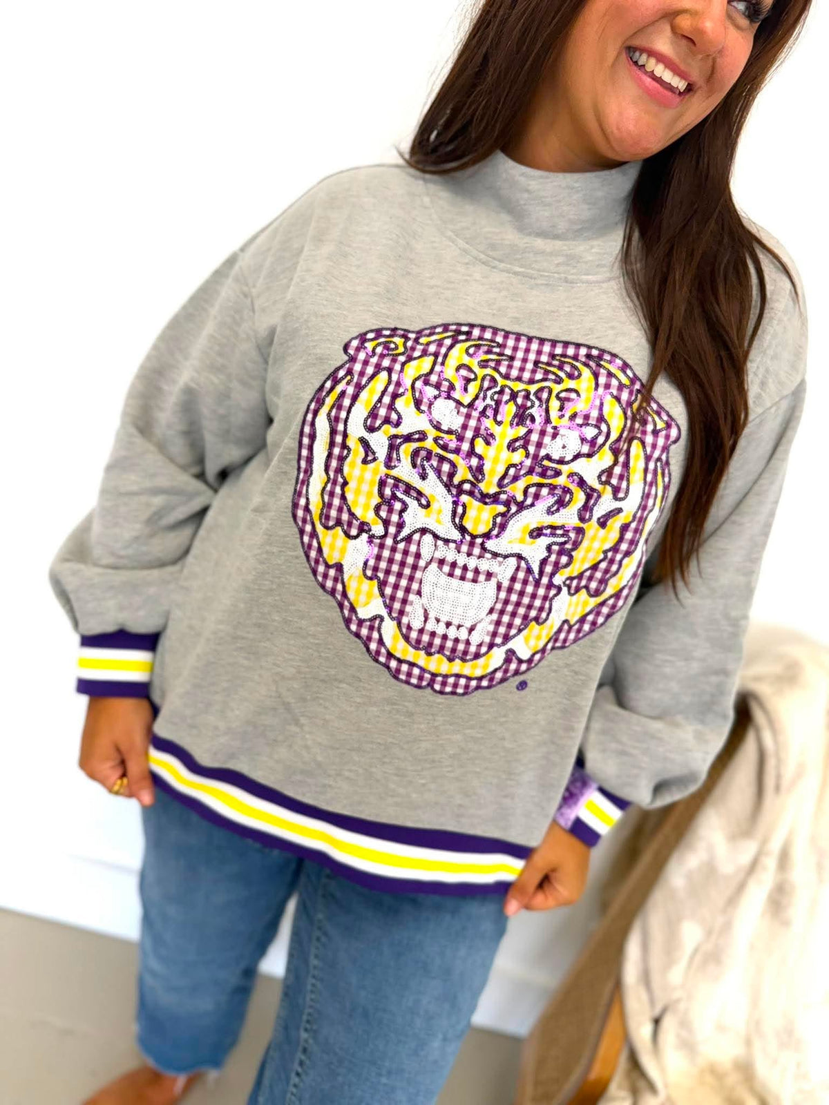 Queen Of Sparkles Licensed LSU Grey Gingham Mascot Mock Neck Sweatshirt