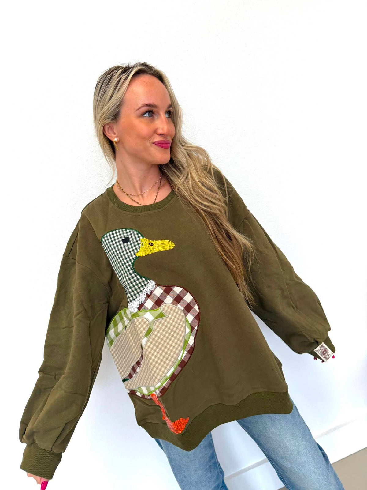 Queen Of Sparkles Hunter Green Plaid Duck Sweatshirt