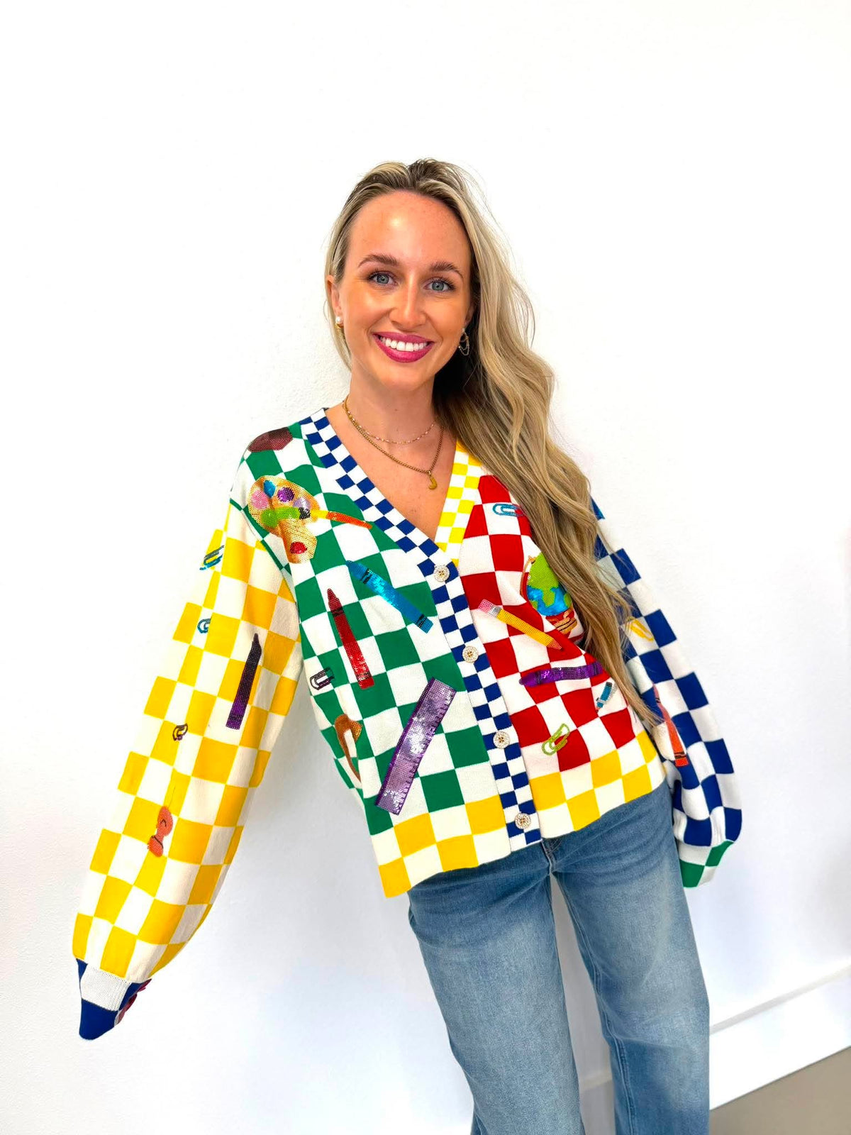 Queen Of Sparkles Rainbow Checkered School Supplies Cardigan