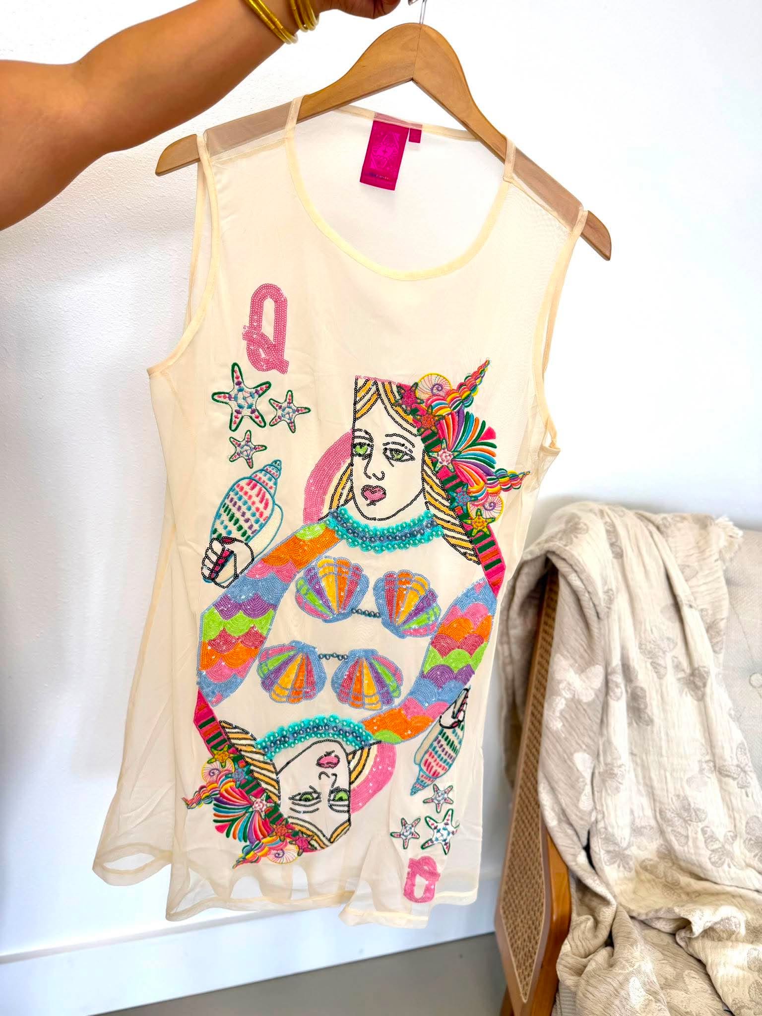 Queen Of Sparkles Beige Beach QOS Queen Card Sheer Tank Coverup