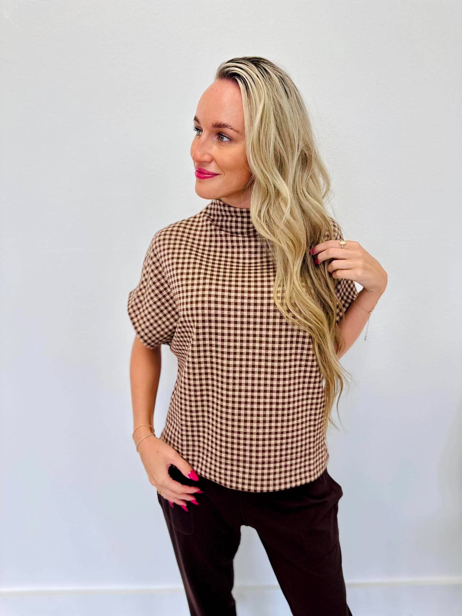 Fall Gingham Mock Neck Top