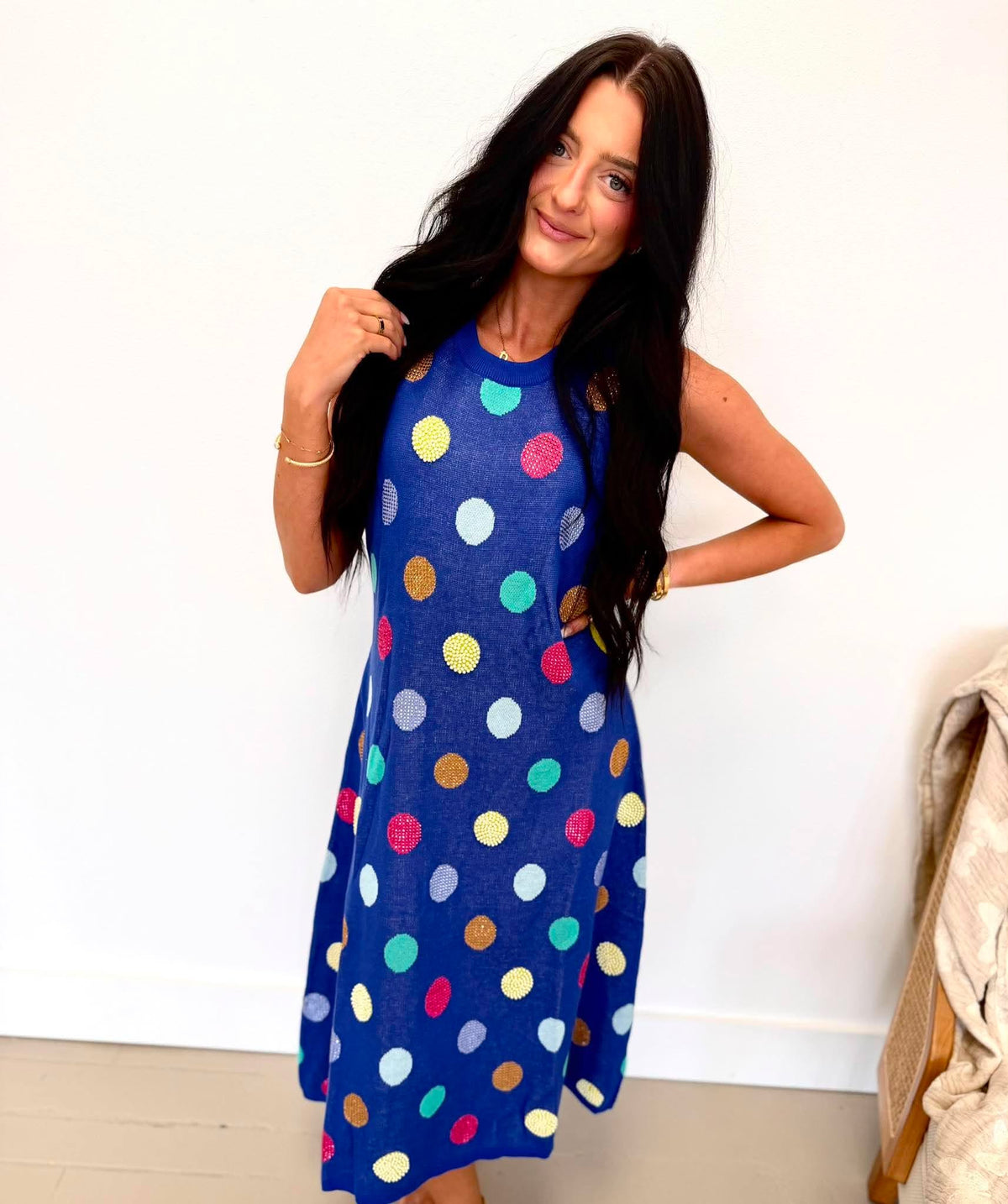 Queen Of Sparkles Royal Multi Polka Dot Knit Midi Dress