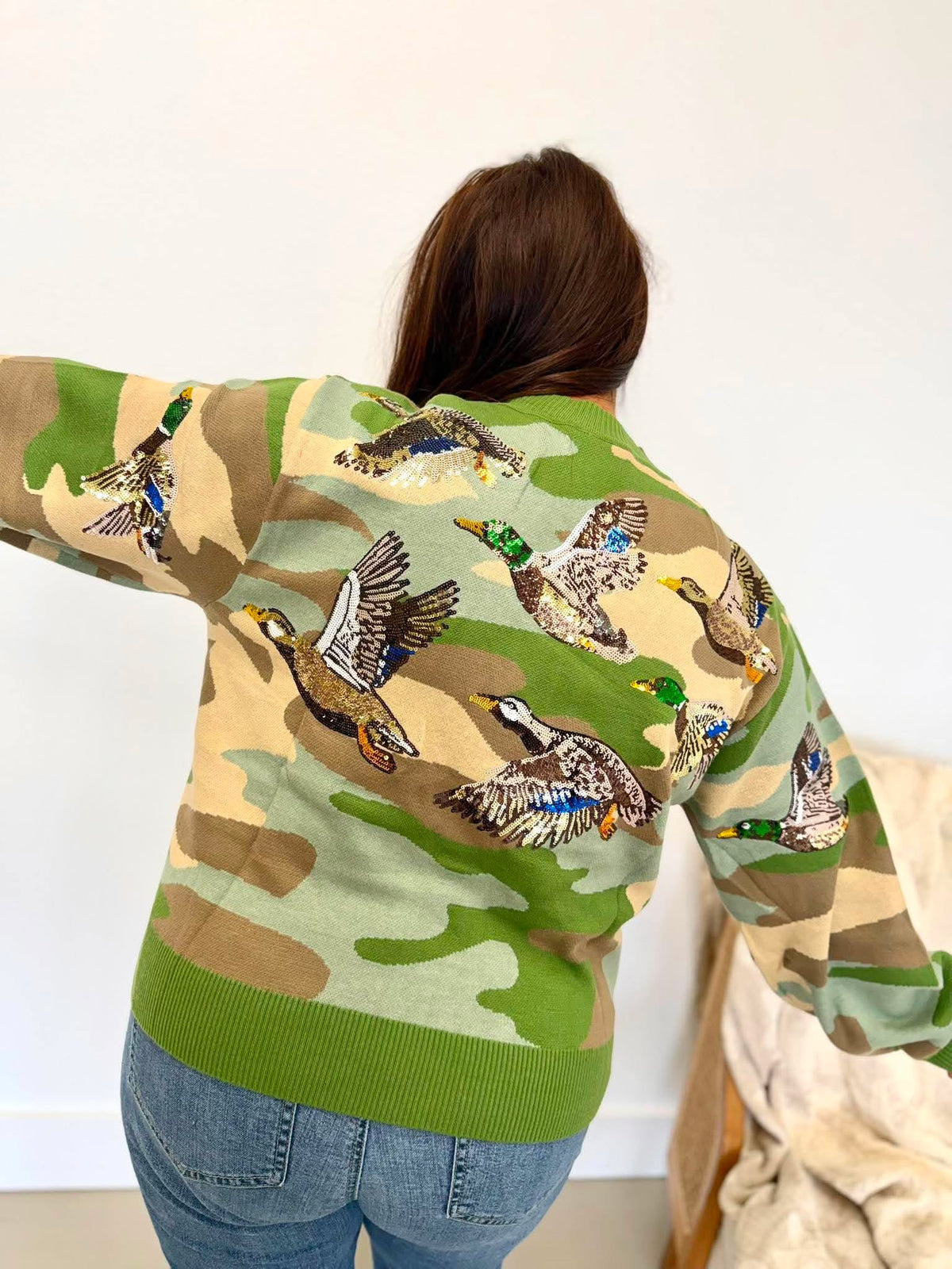 Queen Of Sparkles Green Camo Ducks Flying Cardigan