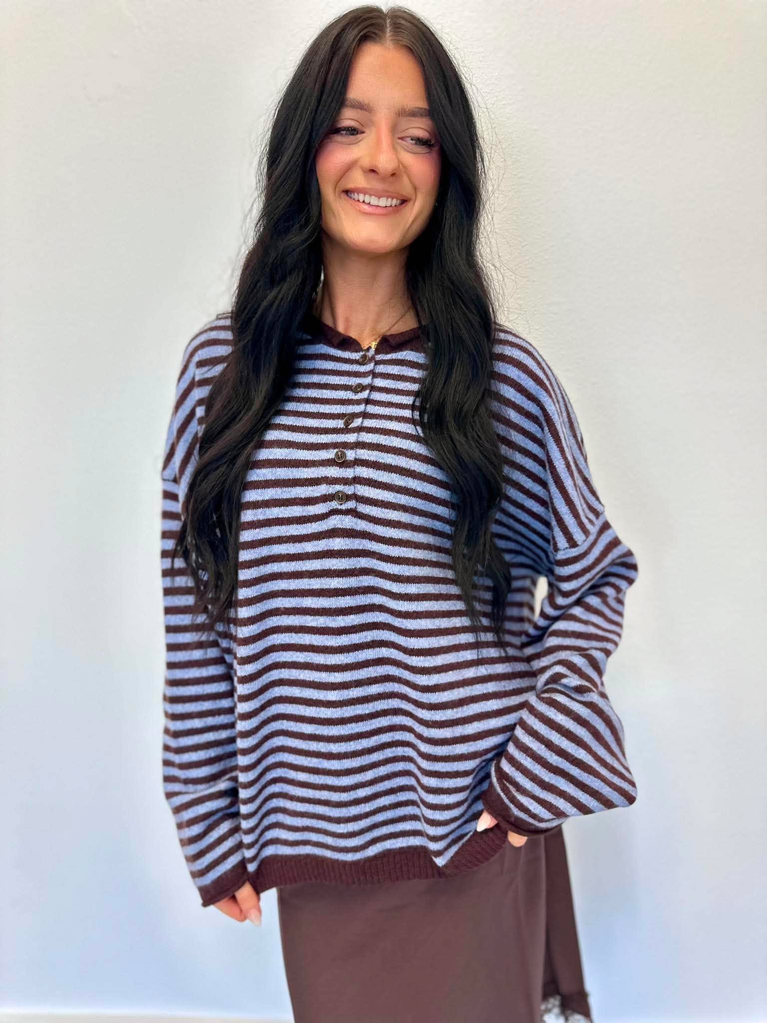 Henley Stripe Drop Shoulder Sweater