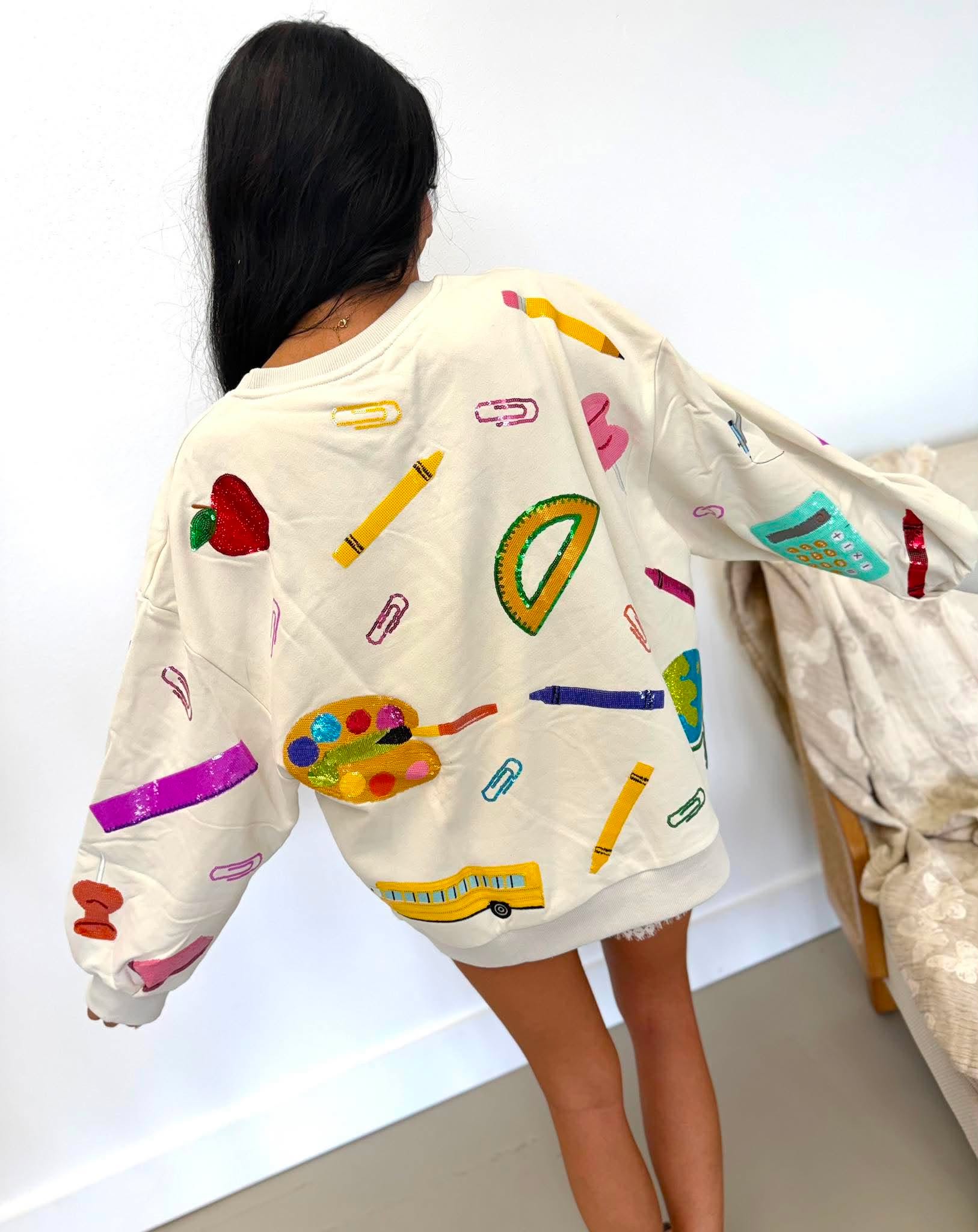 Queen Of Sparkles Beige Multi 'Teach' Scattered Icon Sweatshirt
