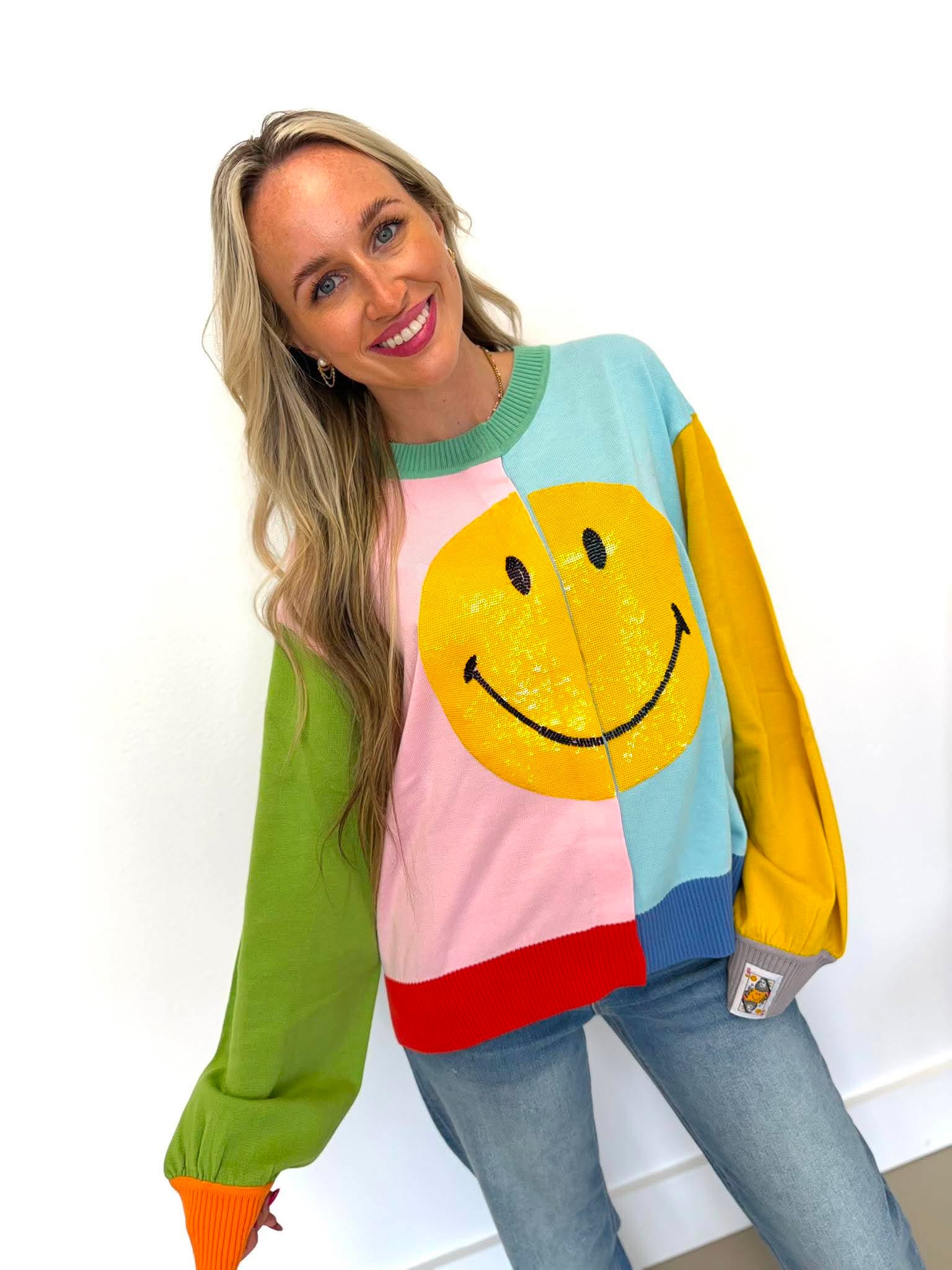 Queen Of Sparkles Colorblock Smiley Sweater