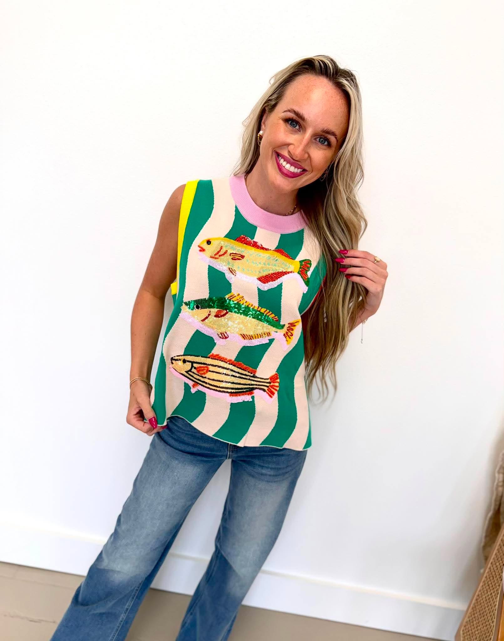Queen Of Sparkles Teal Multi Trim Fish Knit Tank