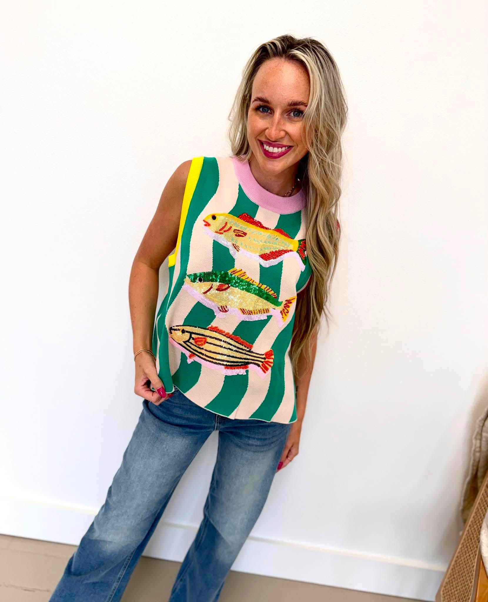 Queen Of Sparkles Teal Multi Trim Fish Knit Tank