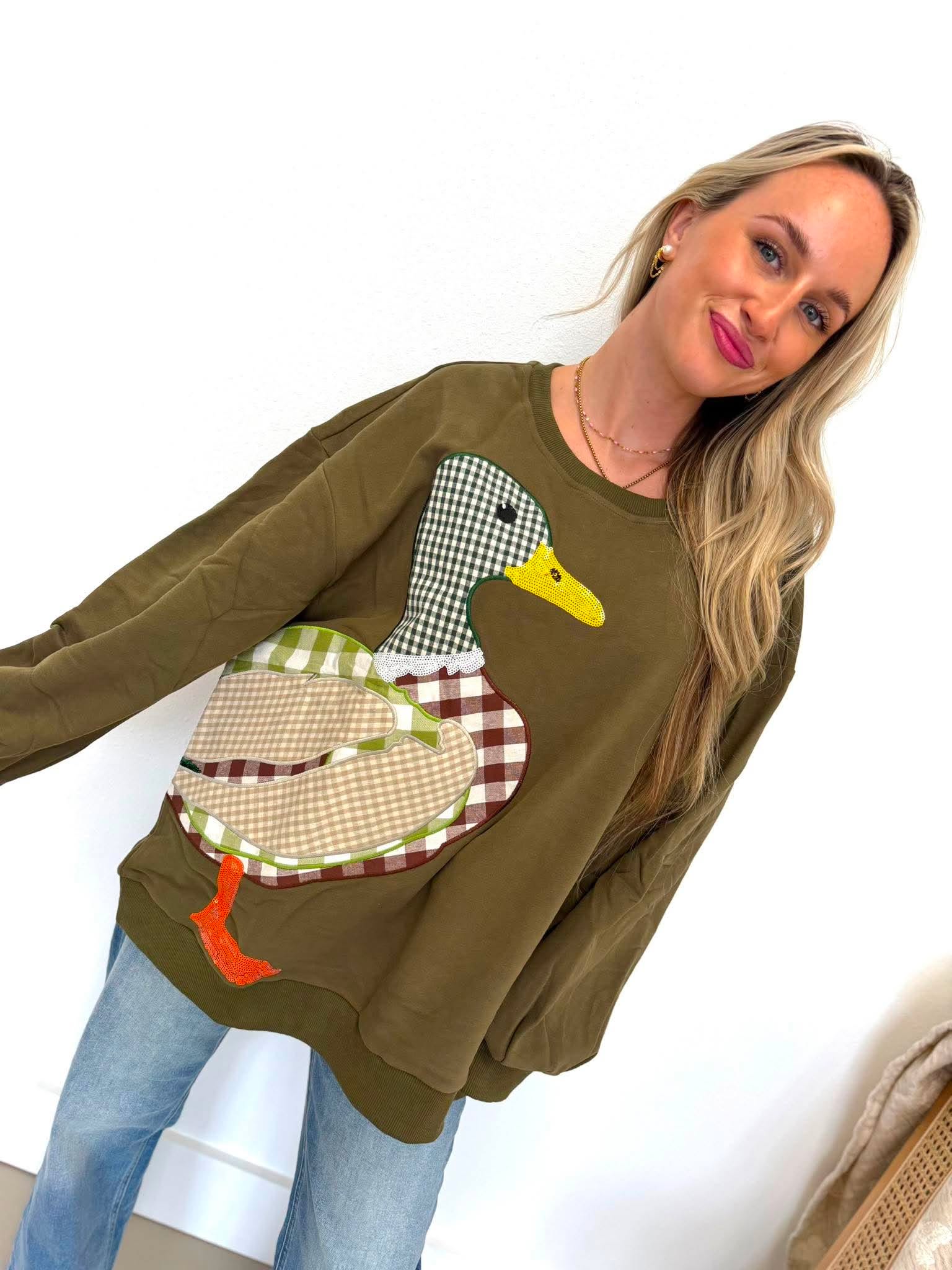 Queen Of Sparkles Hunter Green Plaid Duck Sweatshirt