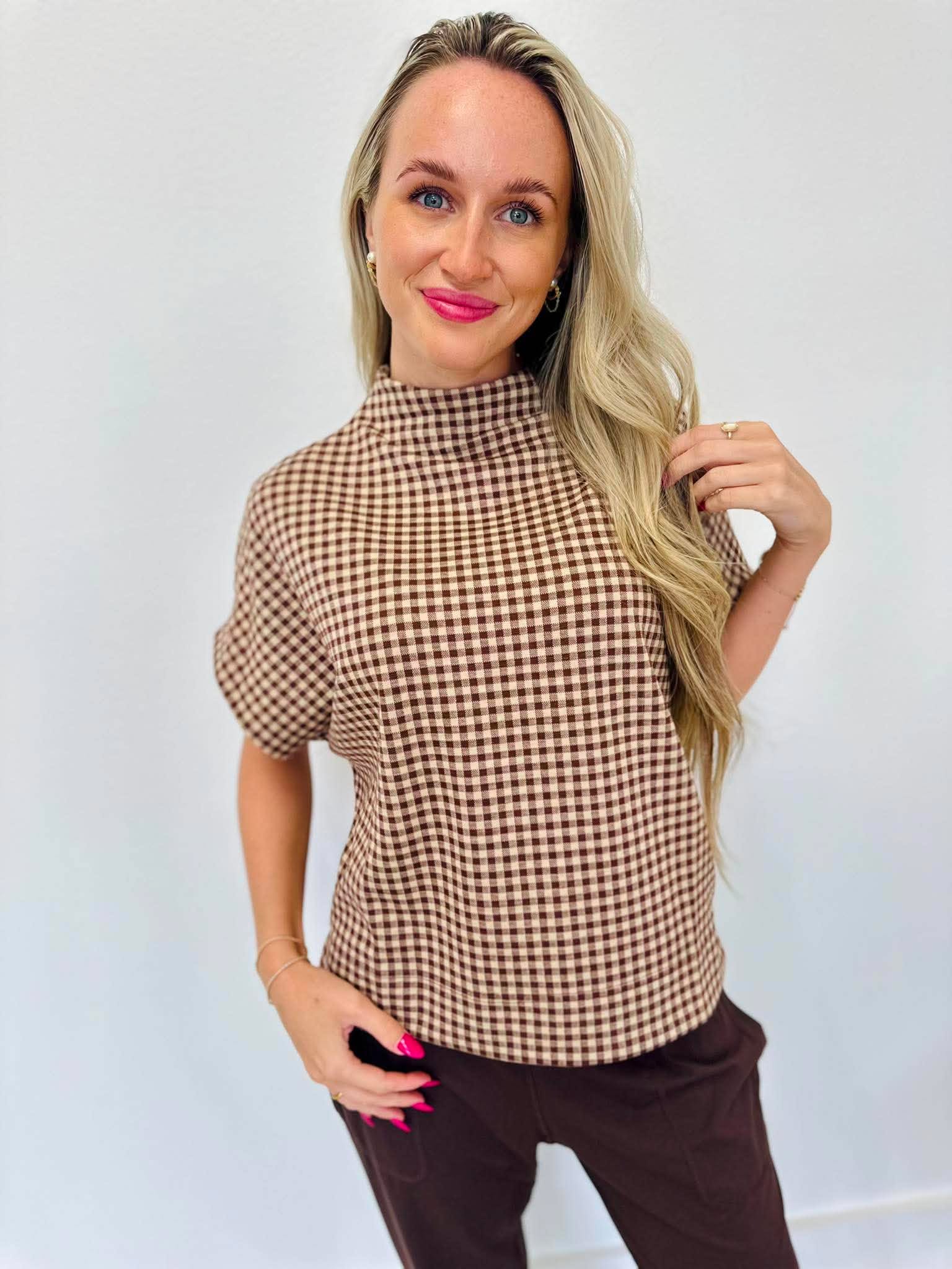 Fall Gingham Mock Neck Top