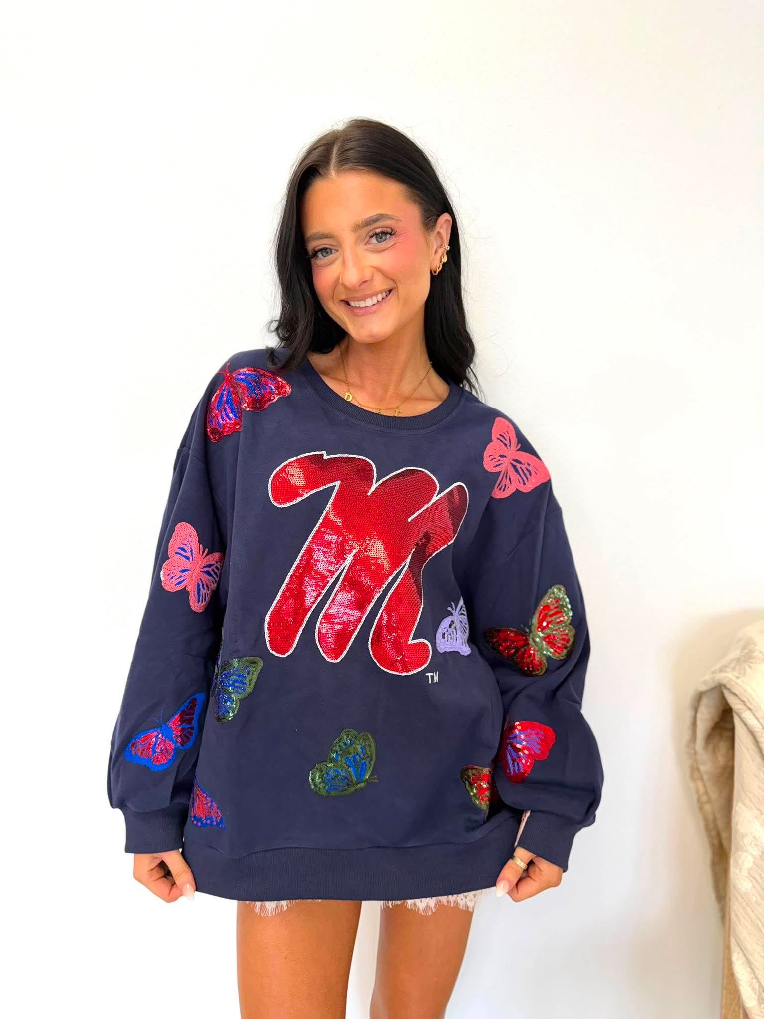 Queen Of Sparkles Licensed Ole Miss Mascot Butterfly Sweatshirt