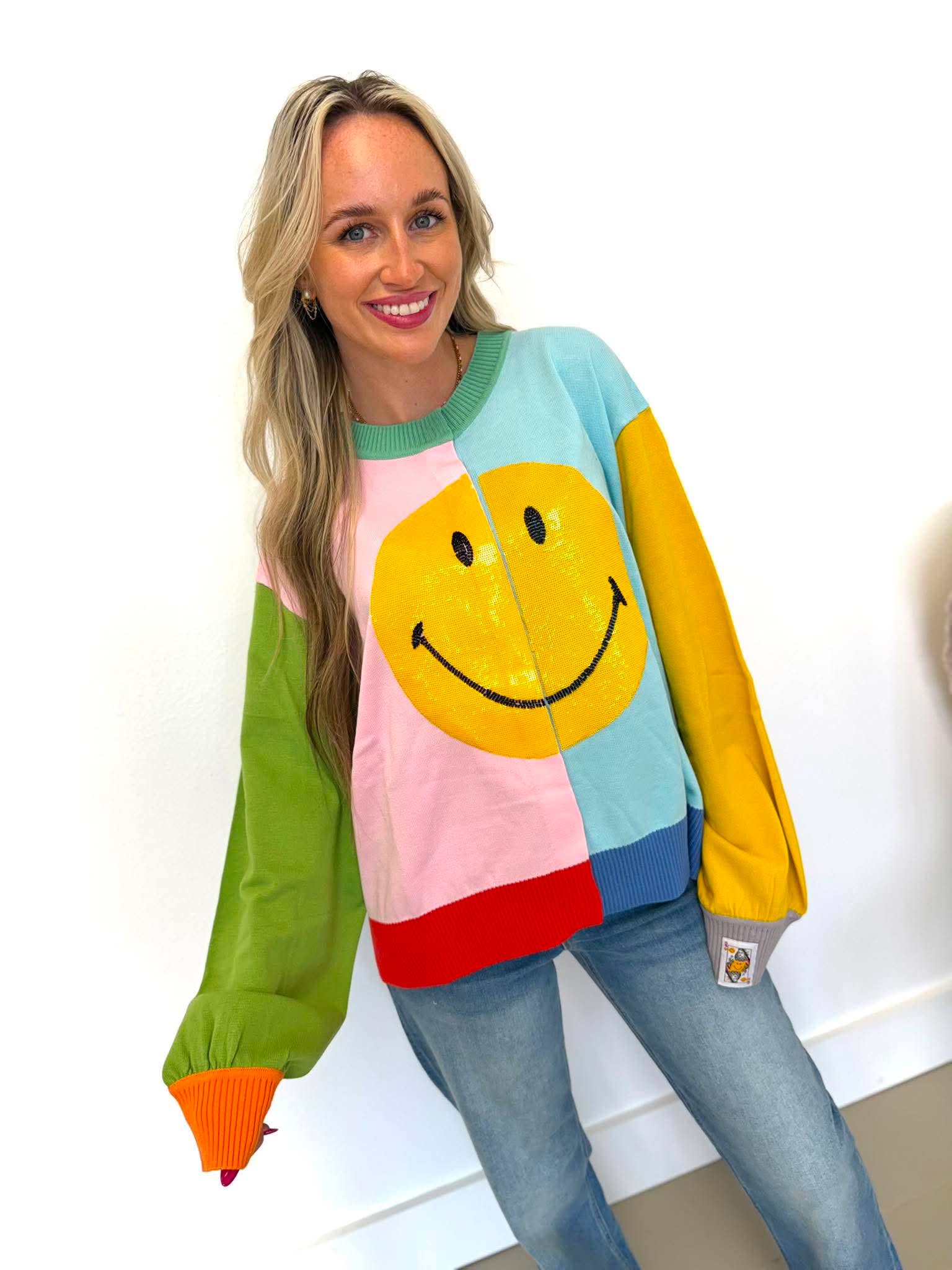 Queen Of Sparkles Colorblock Smiley Sweater
