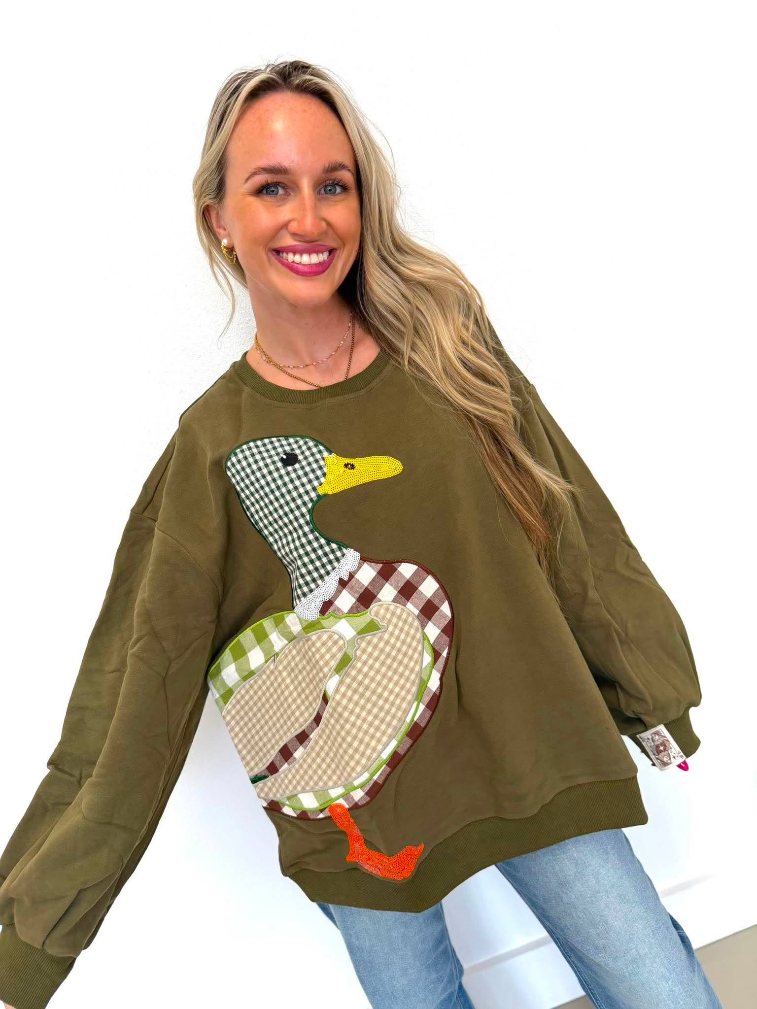 Queen Of Sparkles Hunter Green Plaid Duck Sweatshirt