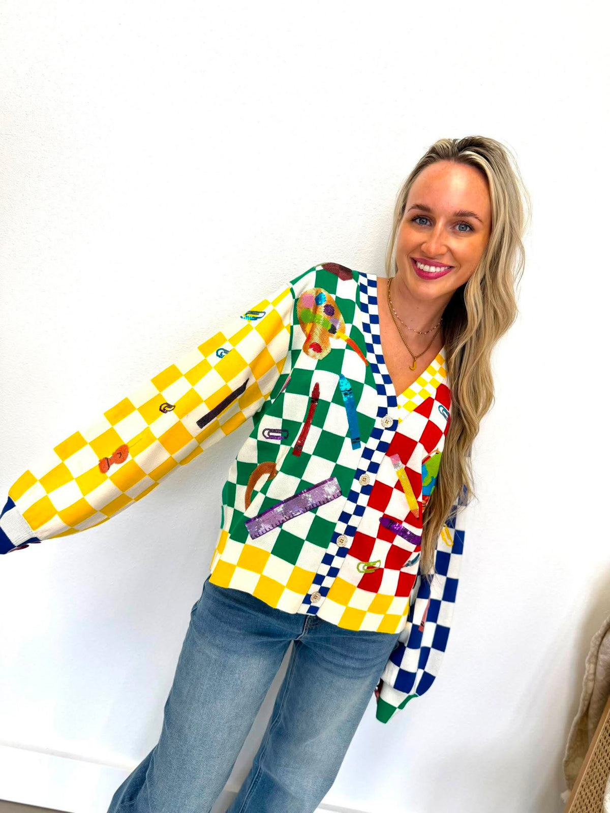Queen Of Sparkles Rainbow Checkered School Supplies Cardigan