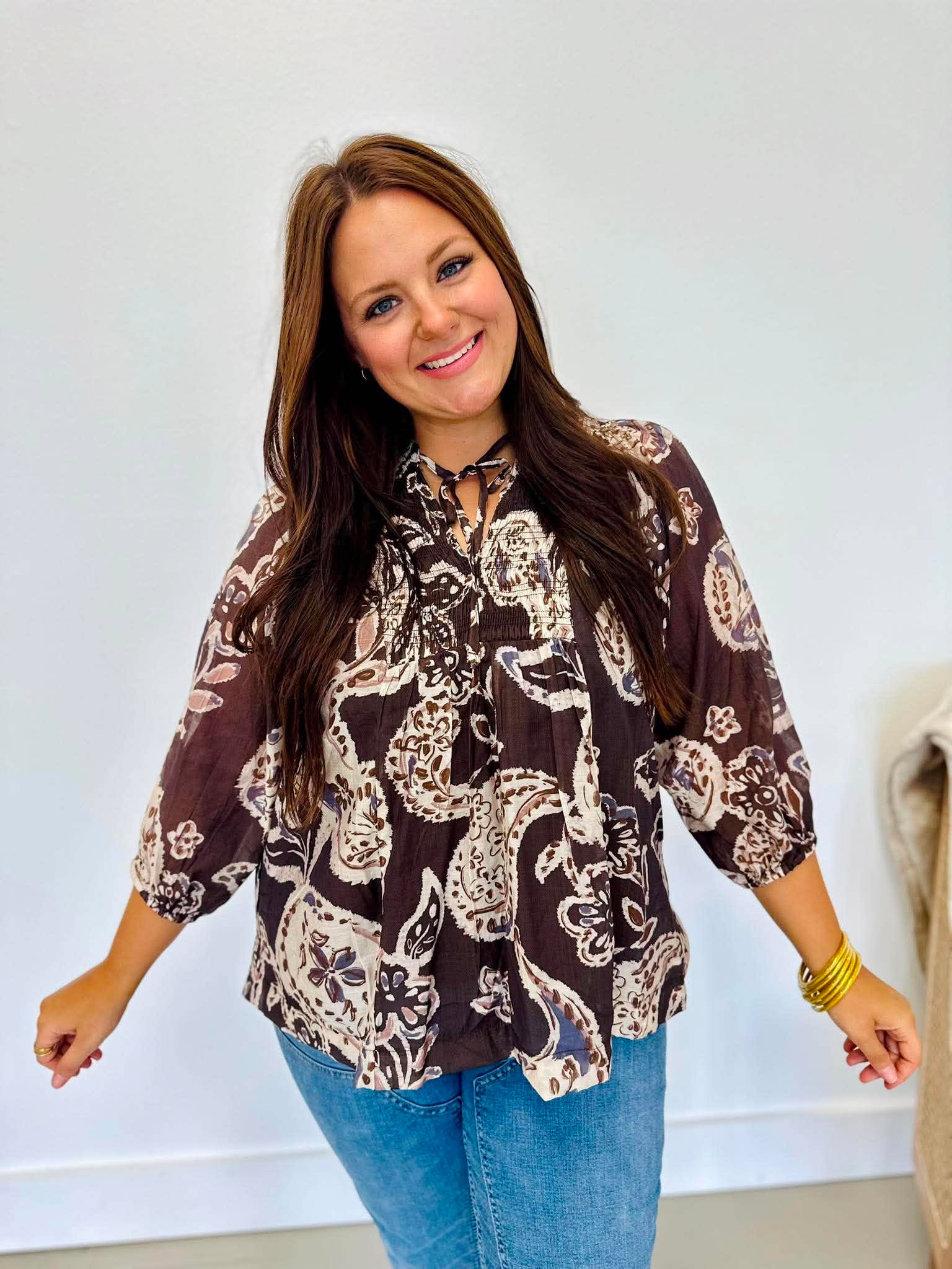 Feeling Of Fall Brown Abstract Blouse