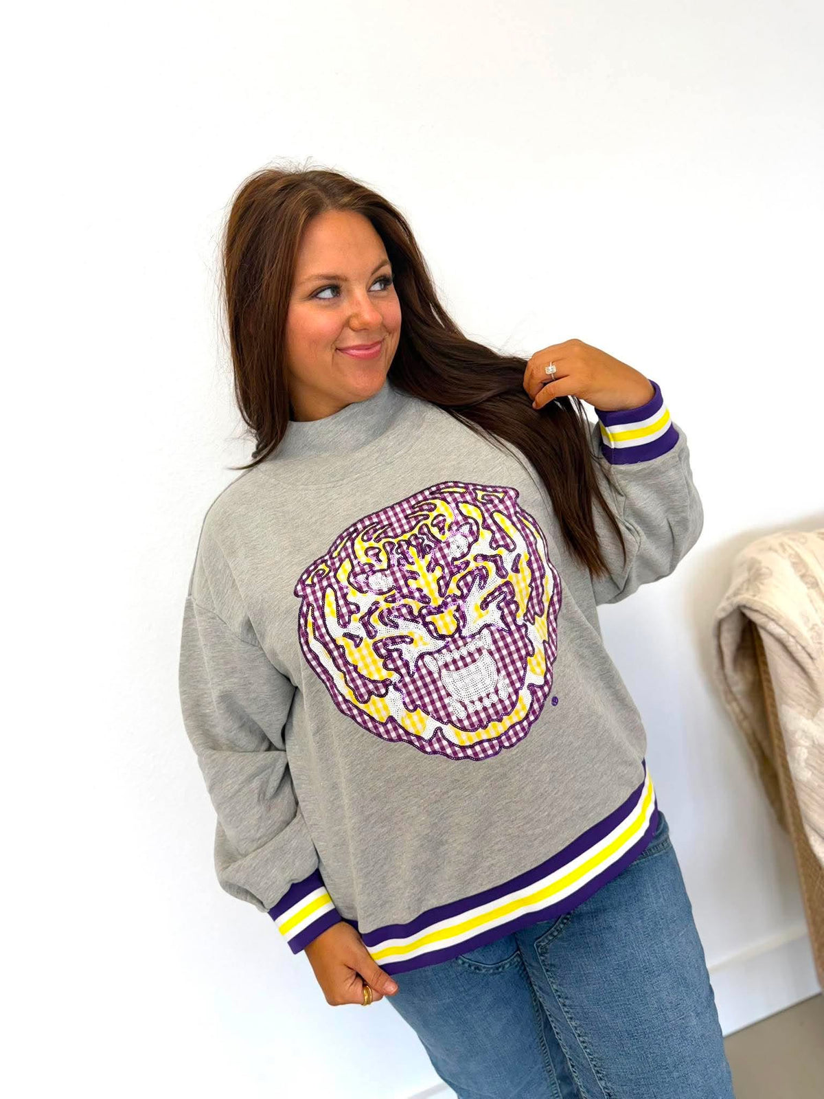Queen Of Sparkles Licensed LSU Grey Gingham Mascot Mock Neck Sweatshirt