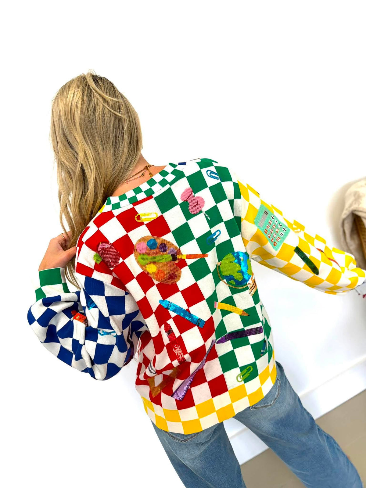 Queen Of Sparkles Rainbow Checkered School Supplies Cardigan