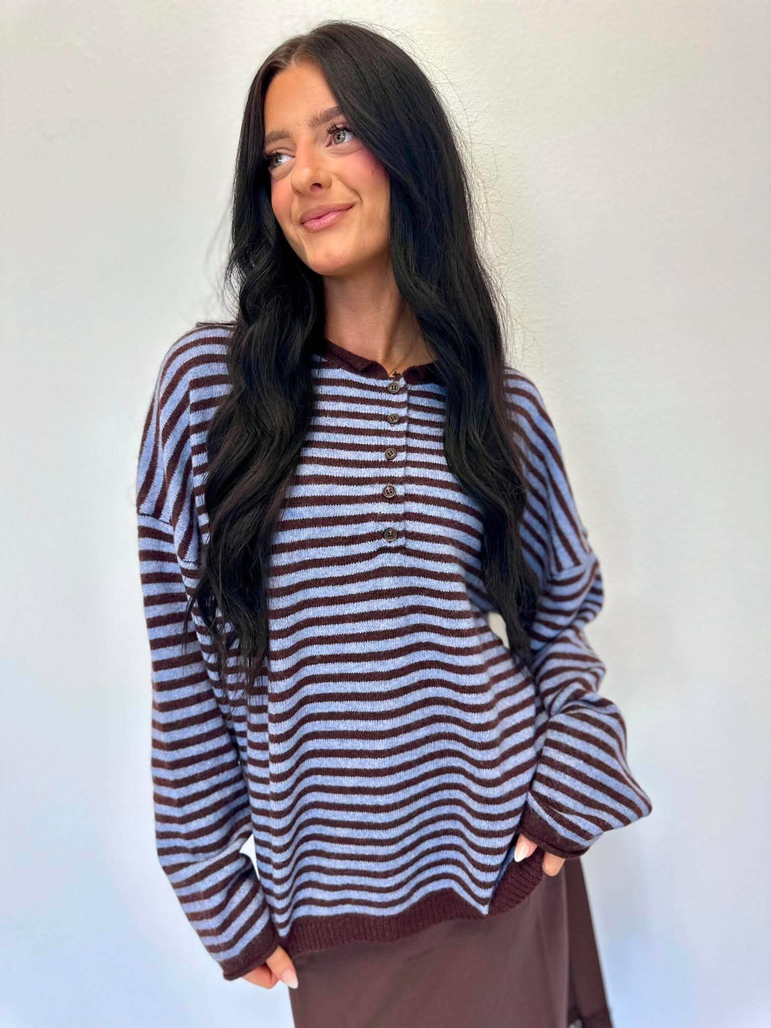 Henley Stripe Drop Shoulder Sweater