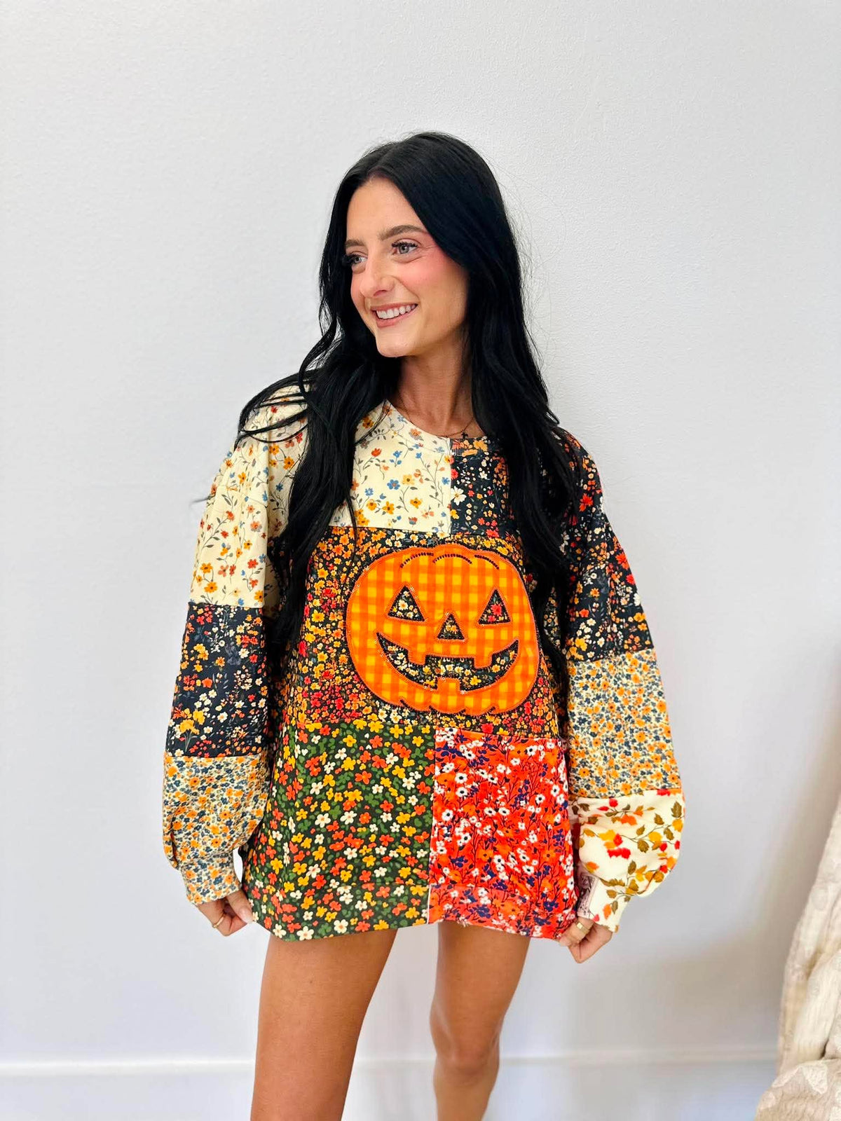 Queen Of Sparkles Colorblock Floral Print Gingham Pumpkin Sweatshirt