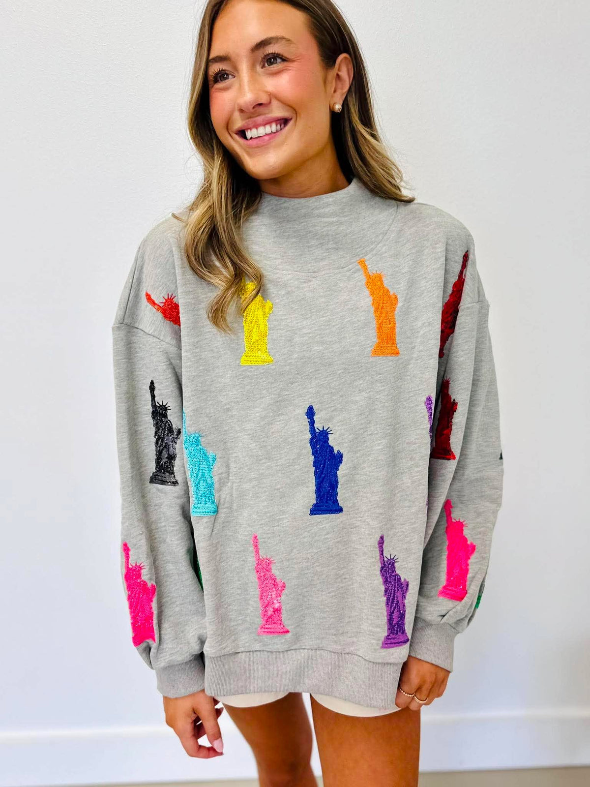 Queen Of Sparkles Grey Statue of Liberty Mock Neck Sweatshirt