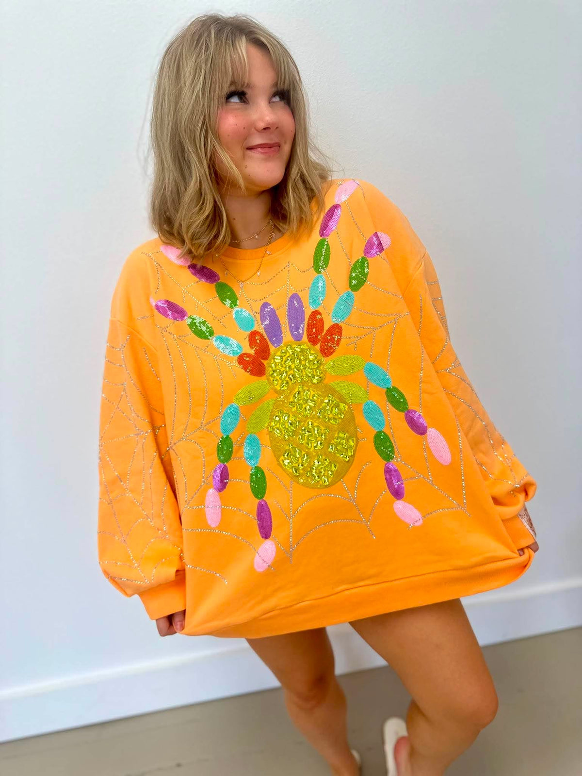 Queen Of Sparkles Light Orange Multi Oversized Spider On Web Sweatshirt