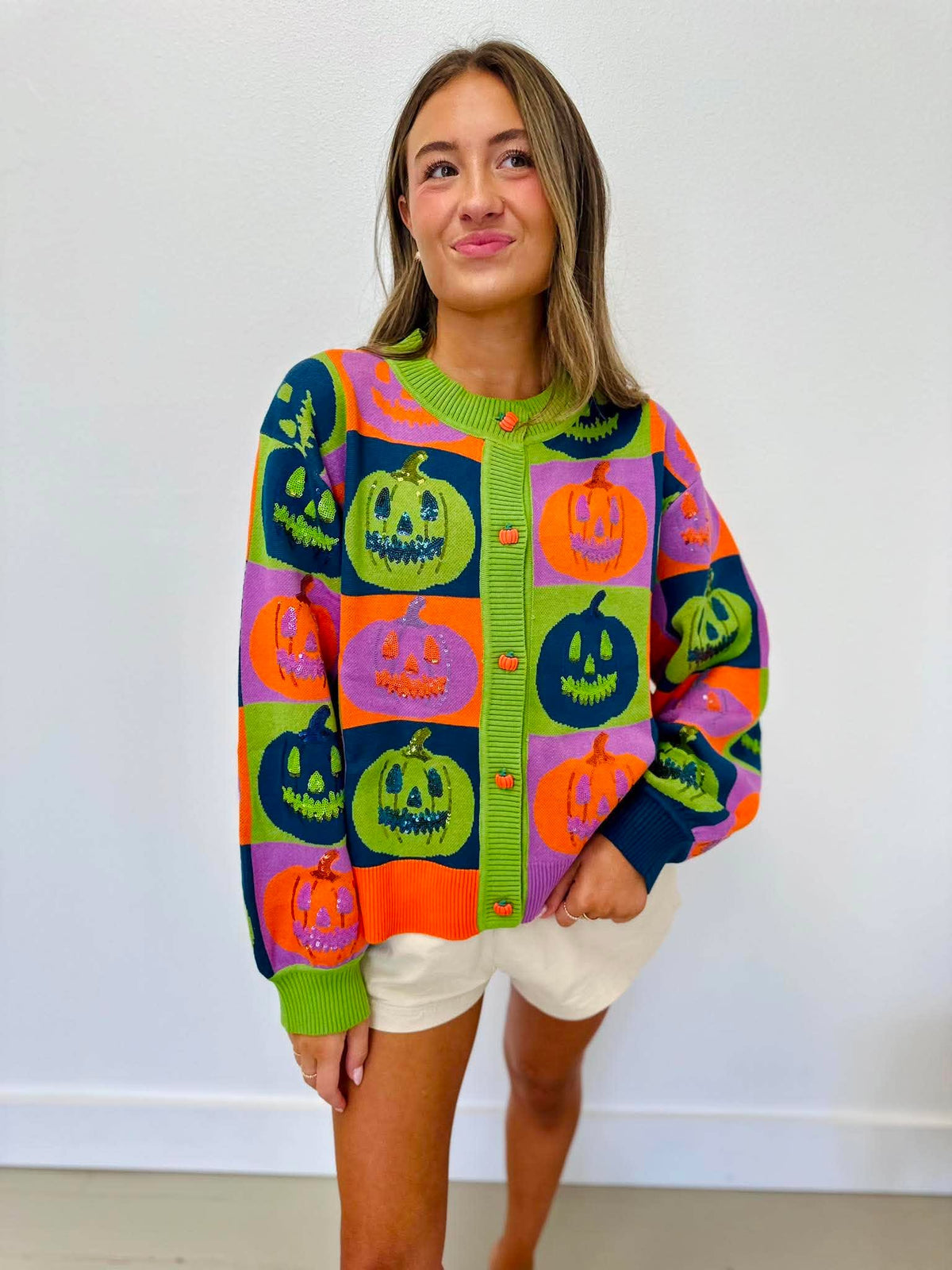 Queen Of Sparkles Multi Checkered Pumpkin Button Up Cardigan