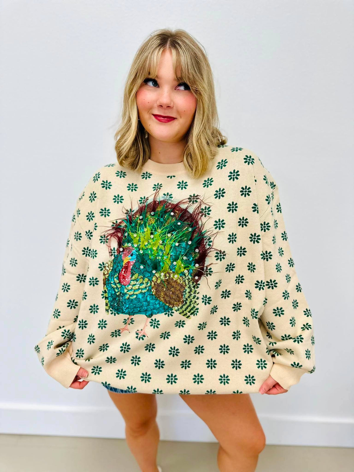 Queen Of Sparkles Beige & Green Flower Print Feather Turkey Sweater