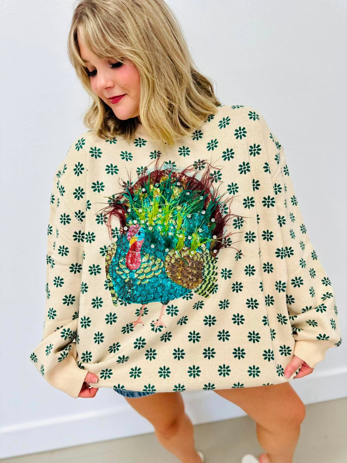 Queen Of Sparkles Beige & Green Flower Print Feather Turkey Sweater