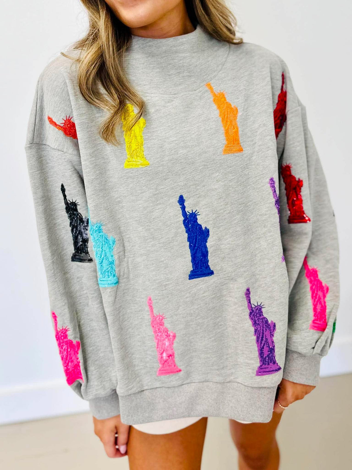 Queen Of Sparkles Grey Statue of Liberty Mock Neck Sweatshirt