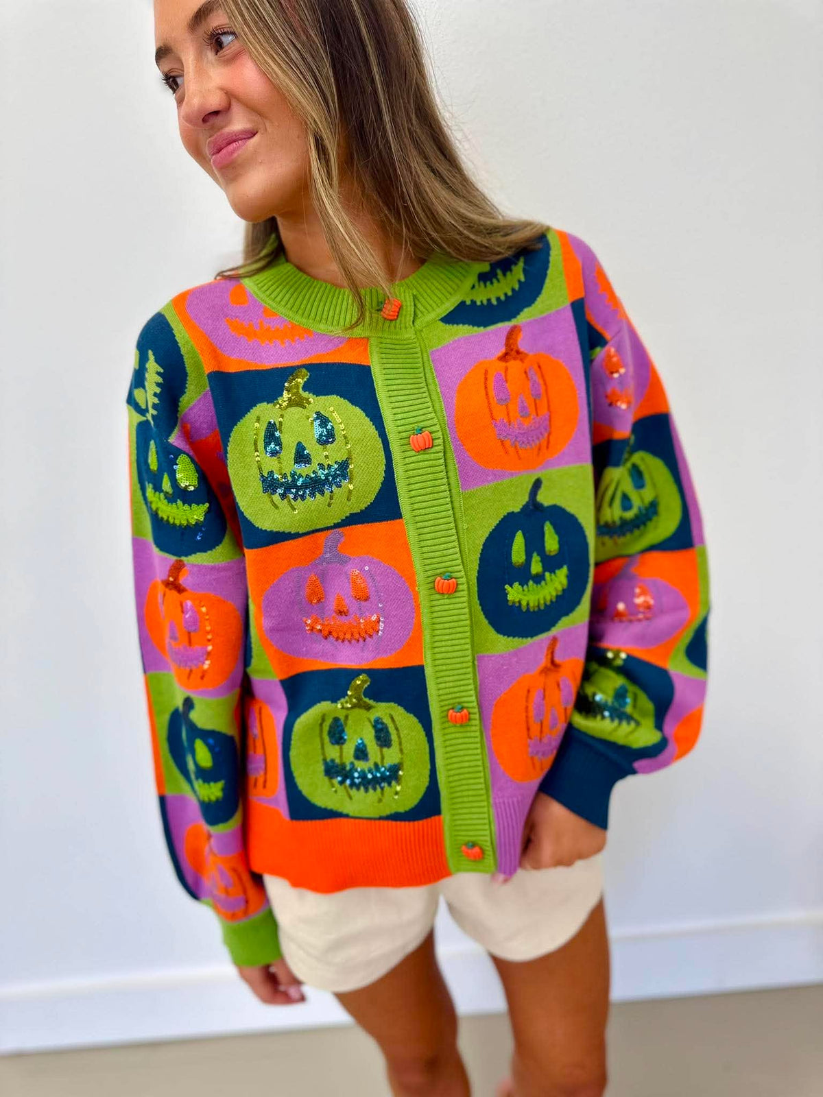 Queen Of Sparkles Multi Checkered Pumpkin Button Up Cardigan